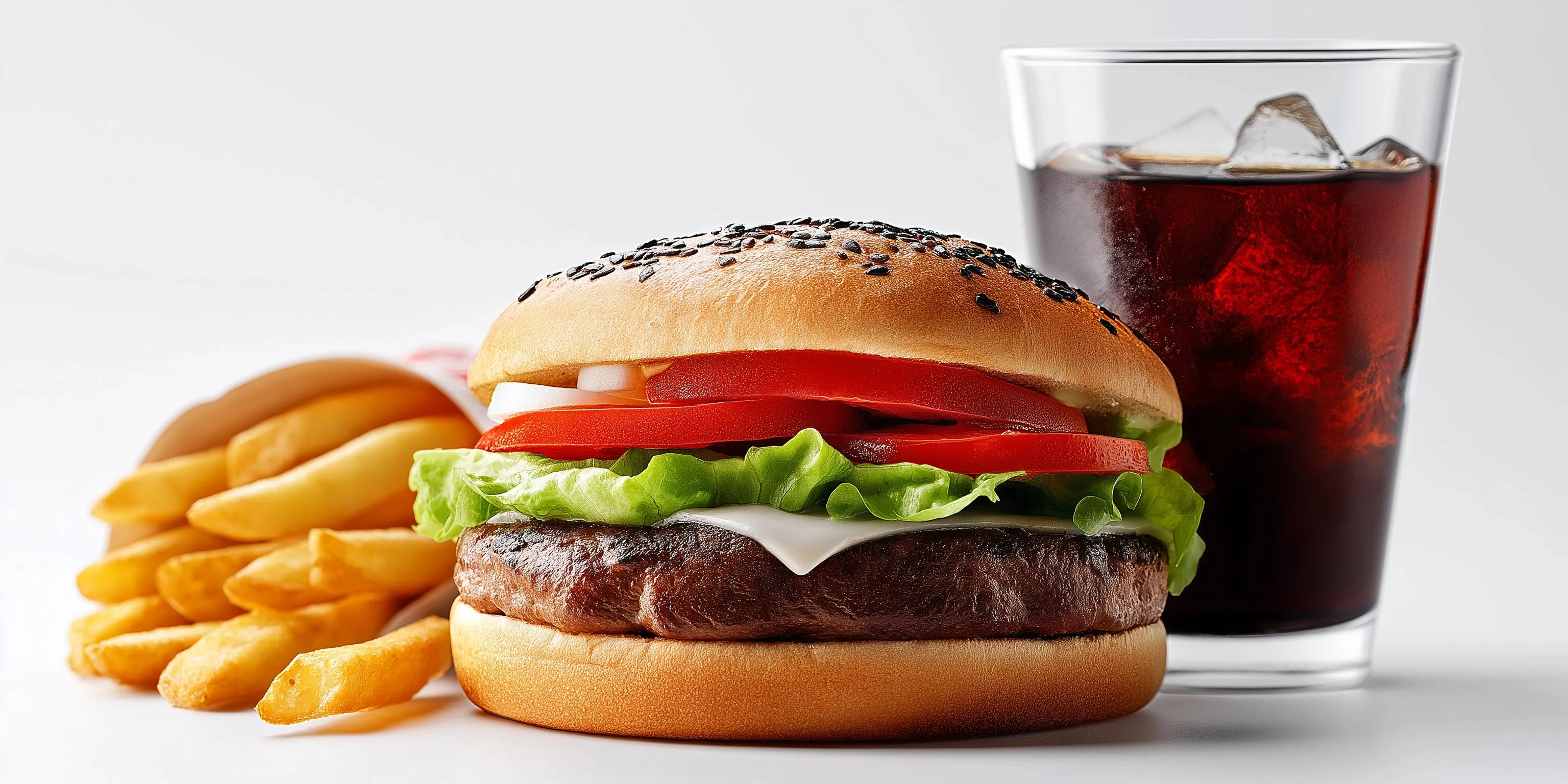 Charcoal beef burger combo meal with golden fries and a soft drink served on a clean white background.