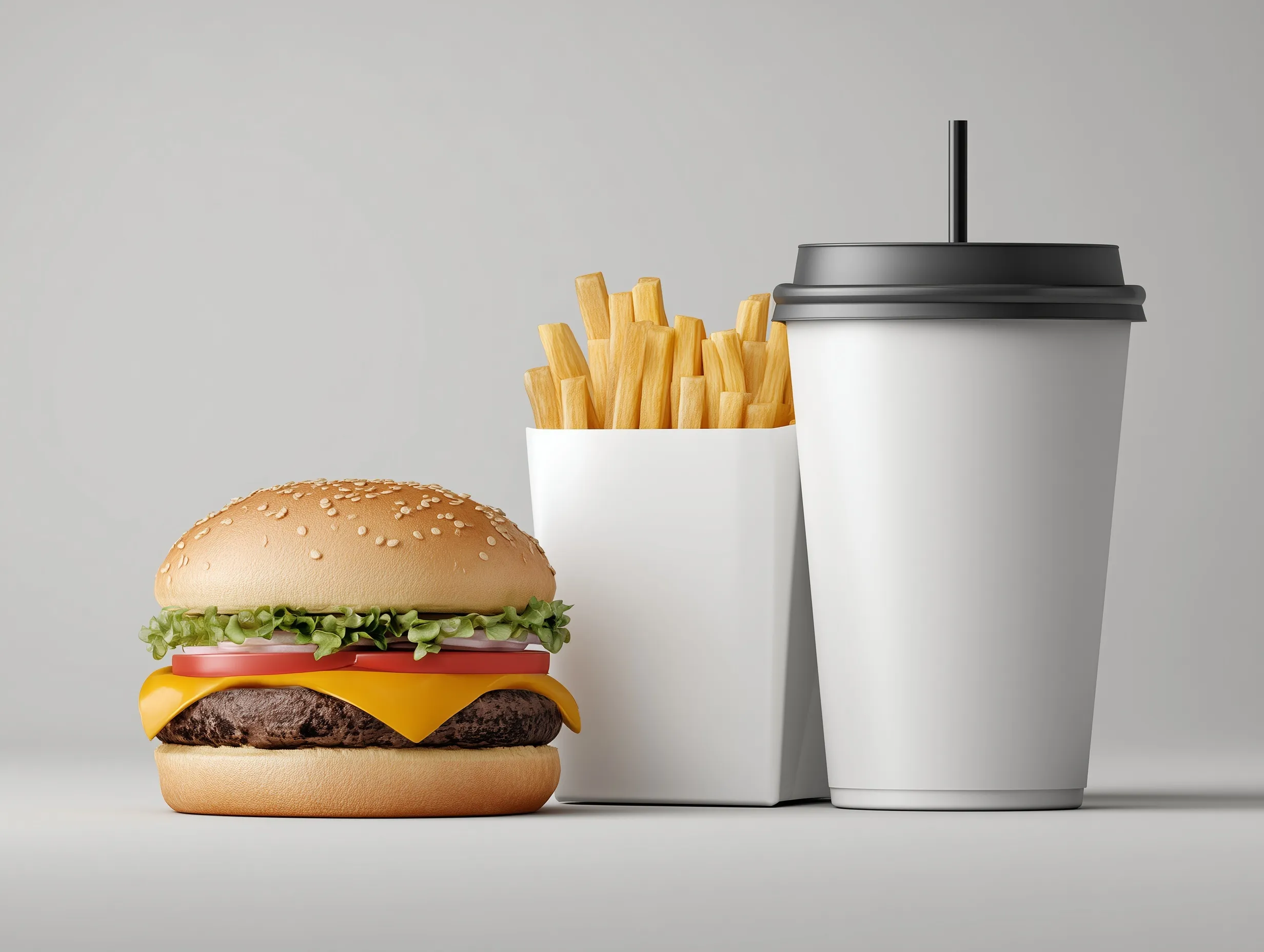 A photorealistic fast food meal mockup with a cheeseburger, french fries, and soda cup on a light gray background.