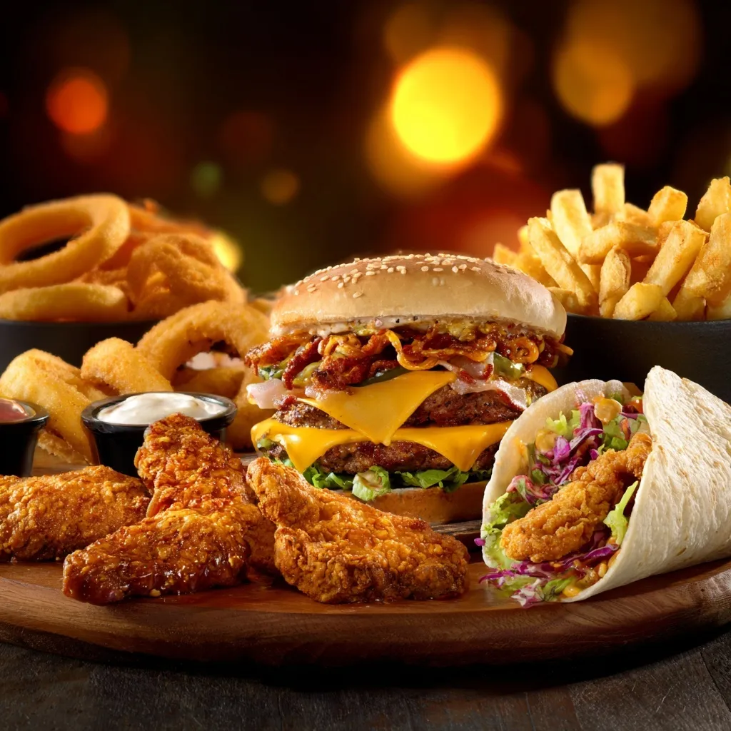 A professional studio shot of a fast food combo platter with a cheeseburger, fries, wings, and tacos.