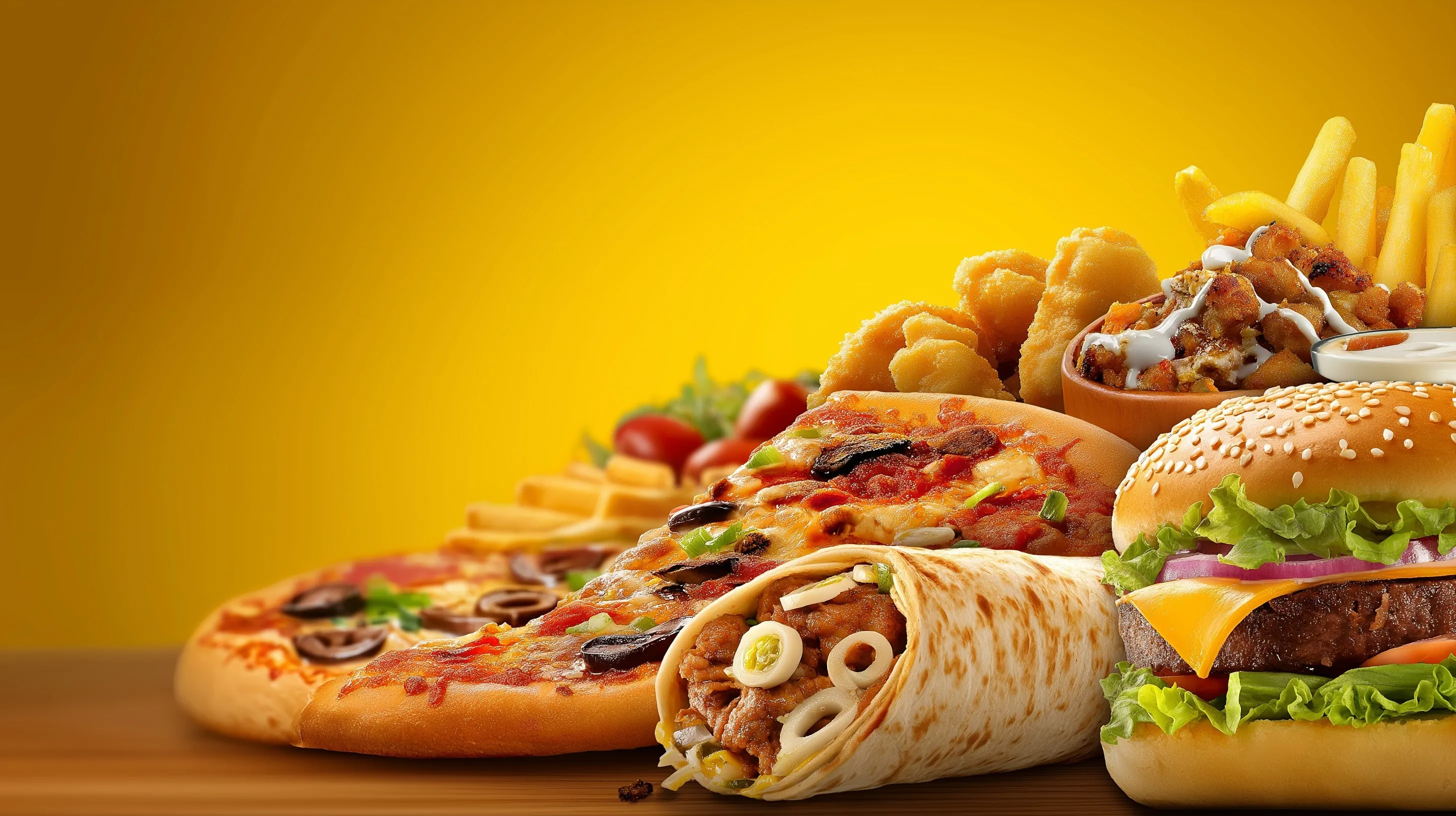 A vibrant fast food combo banner featuring a pizza, burger, fries, nuggets, and doner kebab for a restaurant menu.