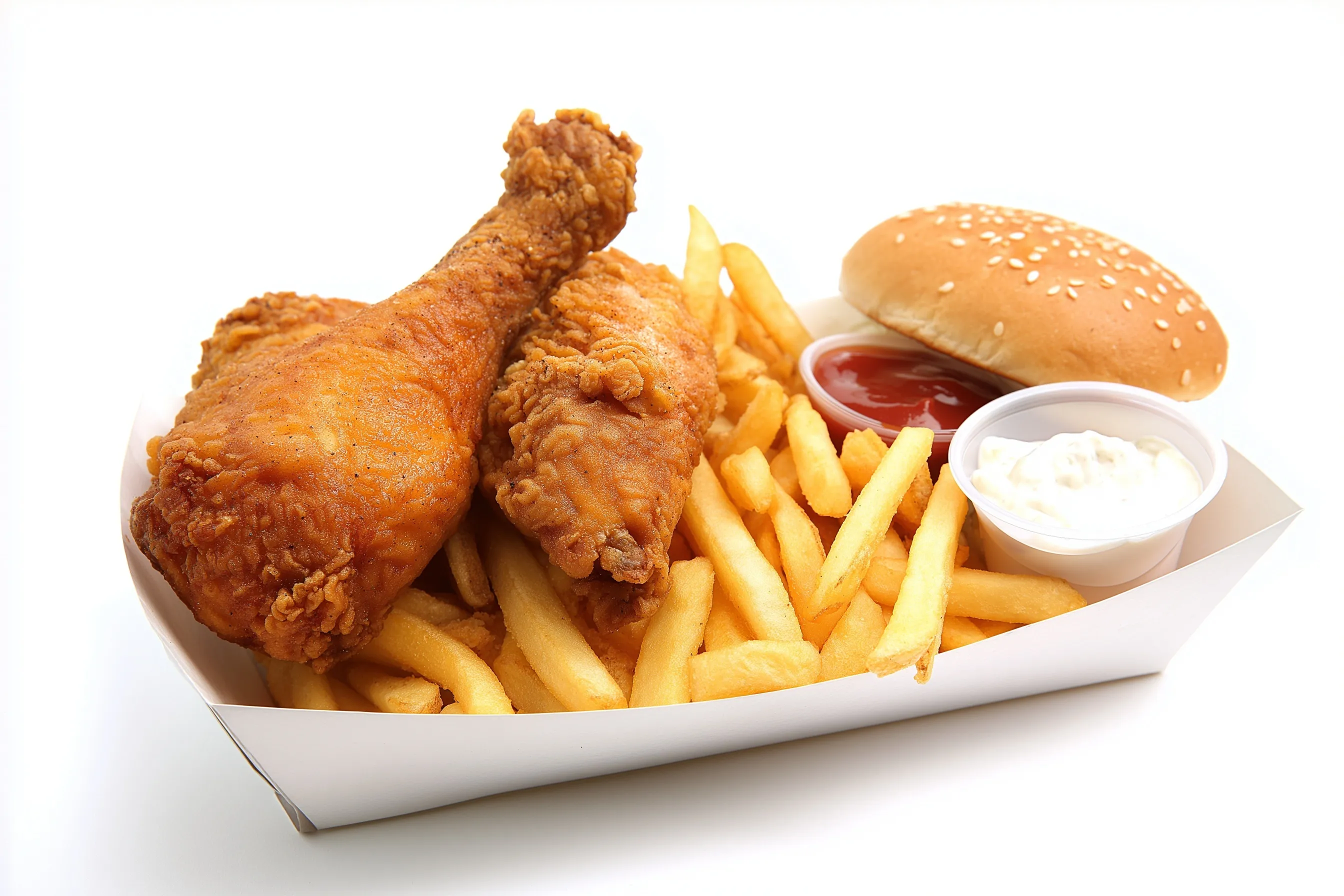 Crispy fried chicken meal with fries, sesame bun, and two dipping sauces isolated on a white background.