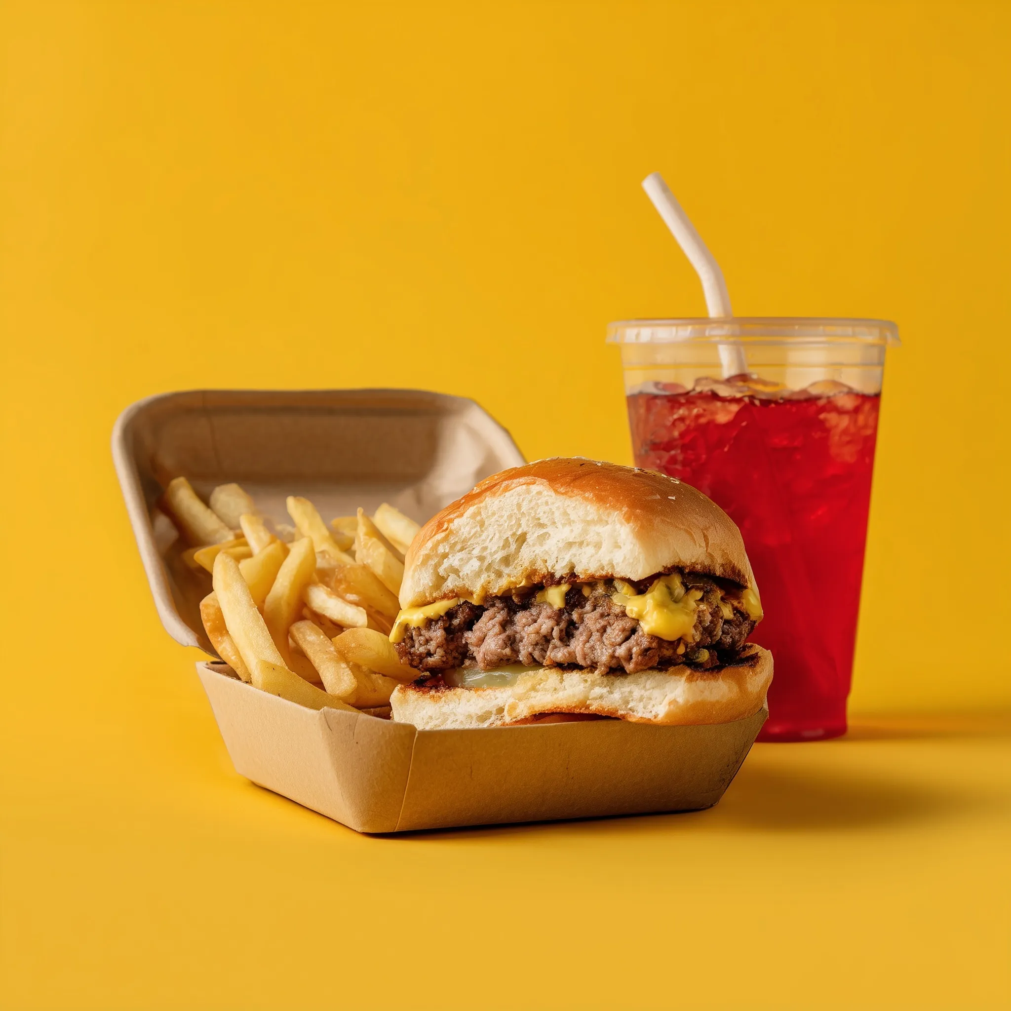 Half-eaten hamburger, fries, and drink in a box isolated on a vibrant mustard yellow background.