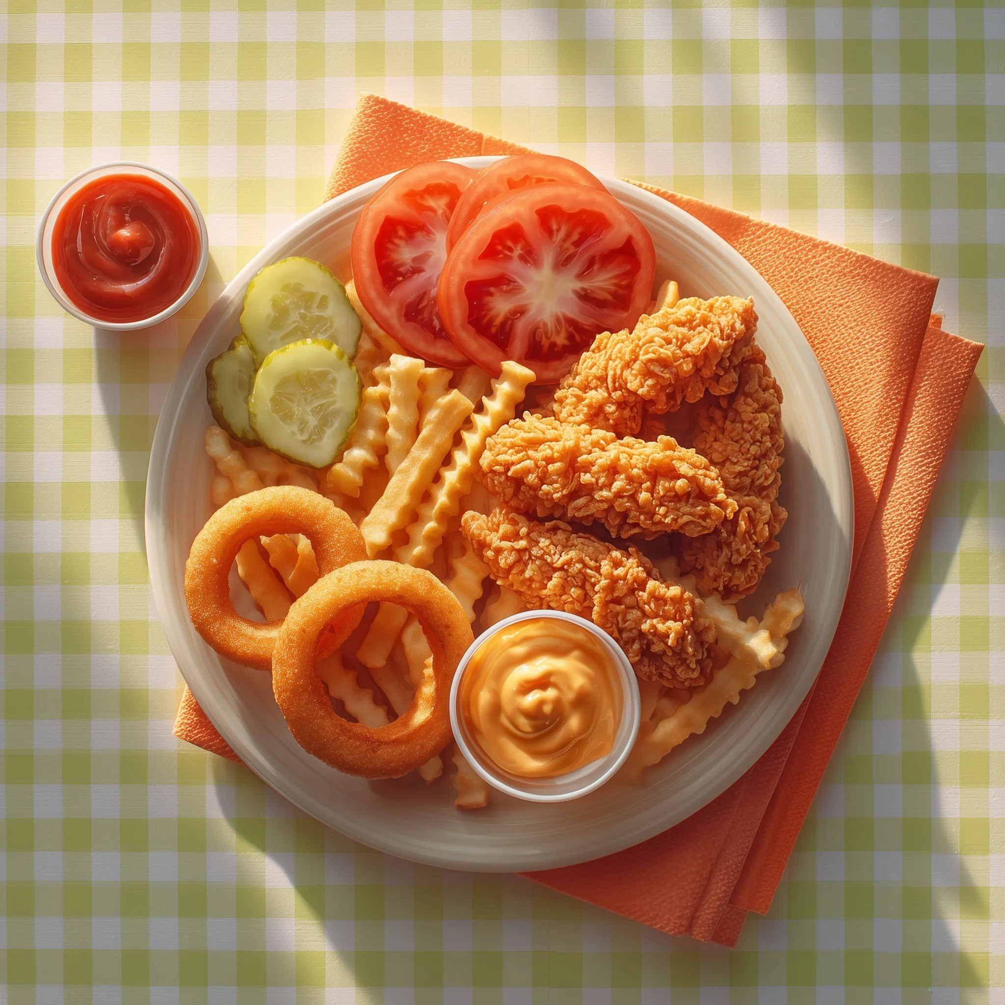 A fast food combo meal with chicken fries, onion rings, cheese, and dipping sauce on a lime checkered background.