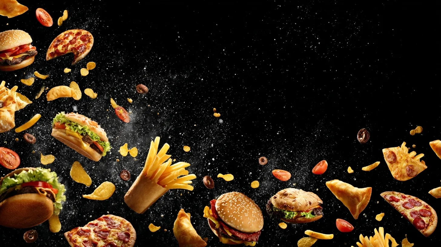 Floating fast food combo including hamburgers, pizza, and fries in a dynamic explosion against a black background.