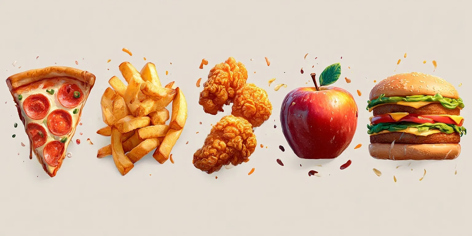 A dynamic, realistic fast food combo featuring pizza, crispy chicken tenders, and a fresh apple on white background.