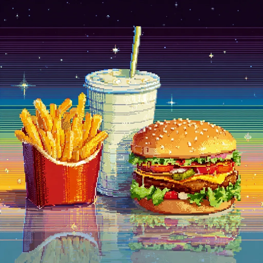 Pixel art fast food combo meal featuring a delicious burger, crispy french fries, and a soda drink.
