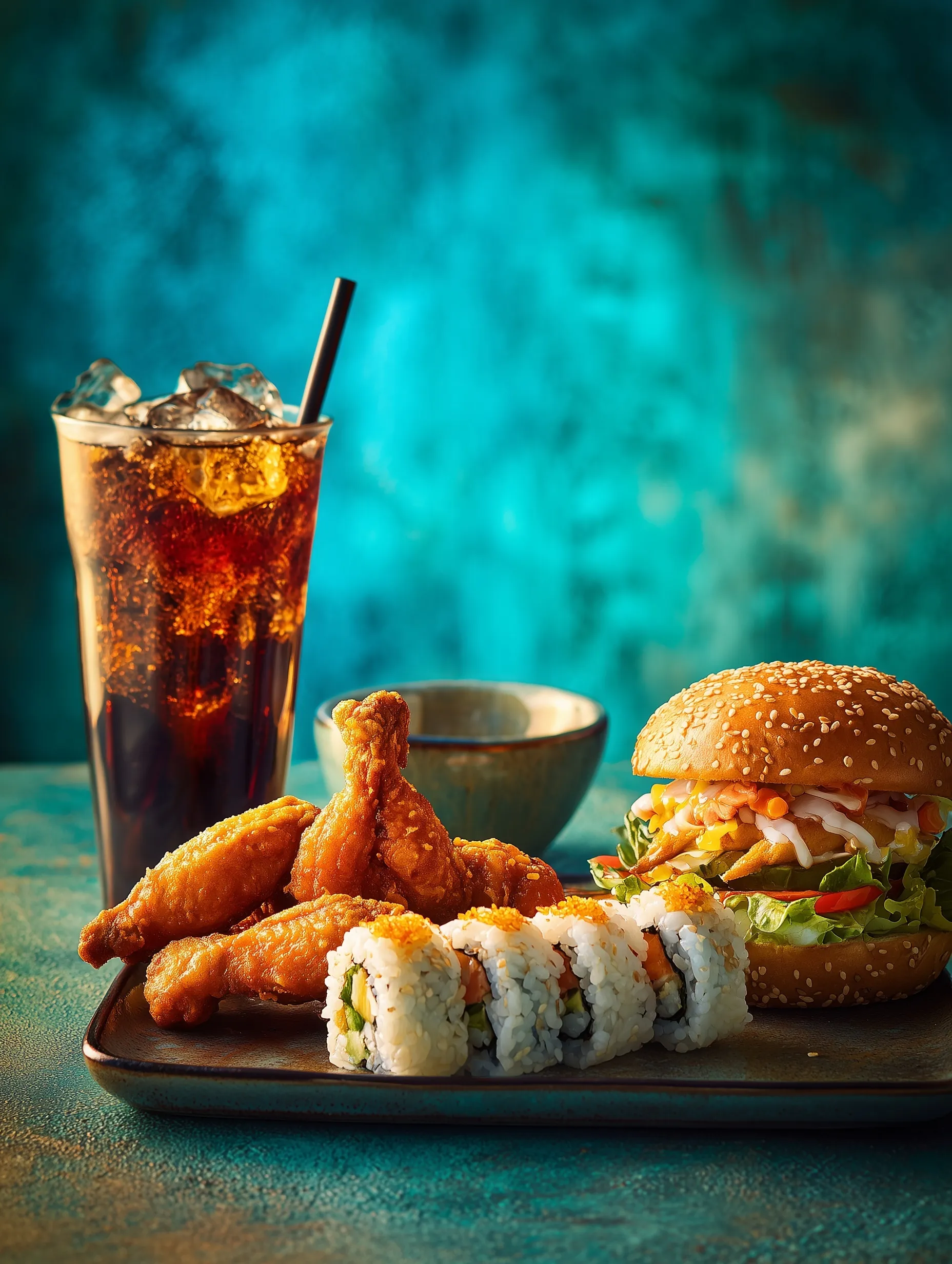 Fast food combo featuring chicken wings, popcorn, sushi, burger, and soda on a vibrant blue gradient background.