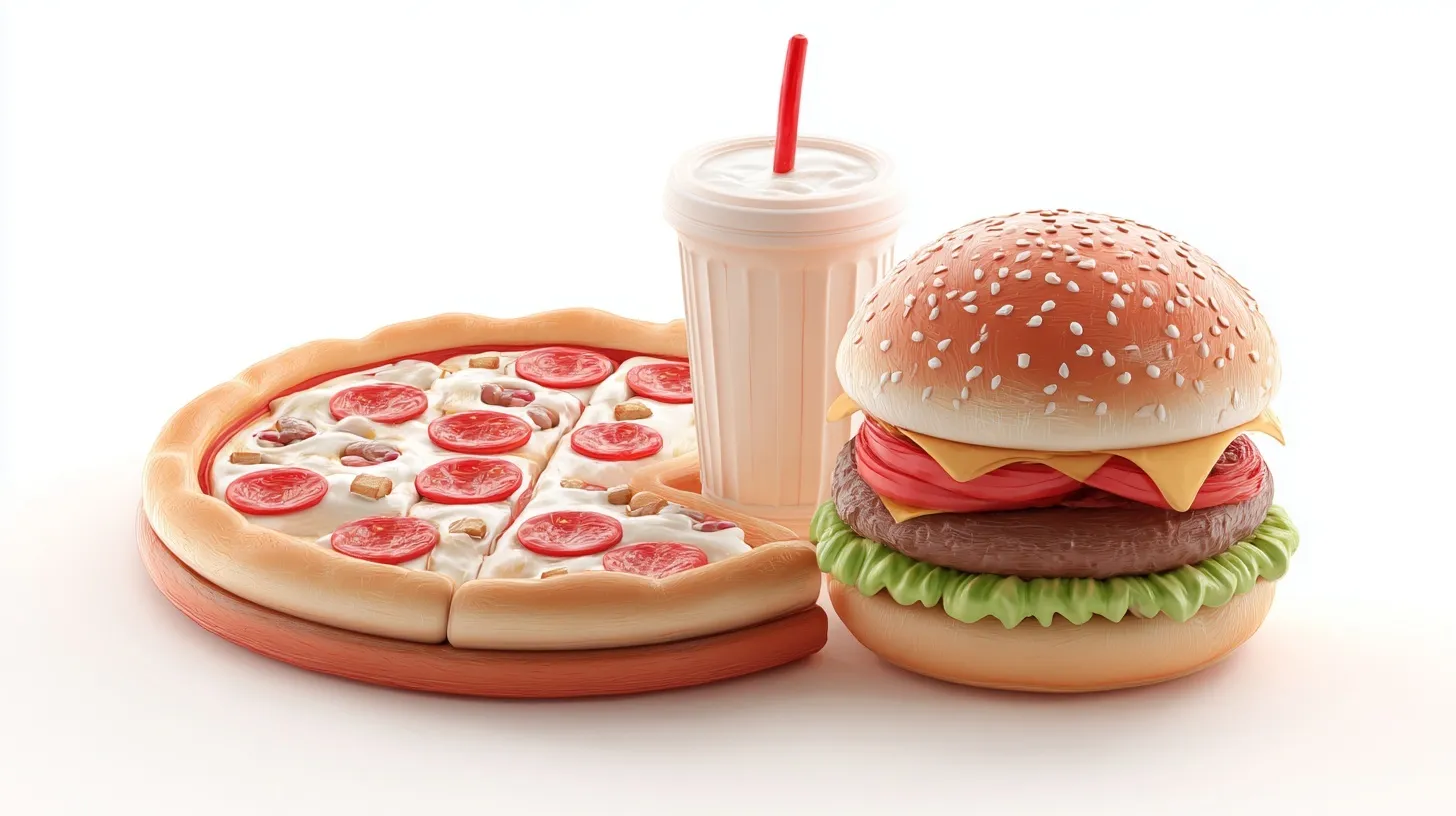 3D rendered pizza, hamburger, and soft drink combo isolated on a white background.