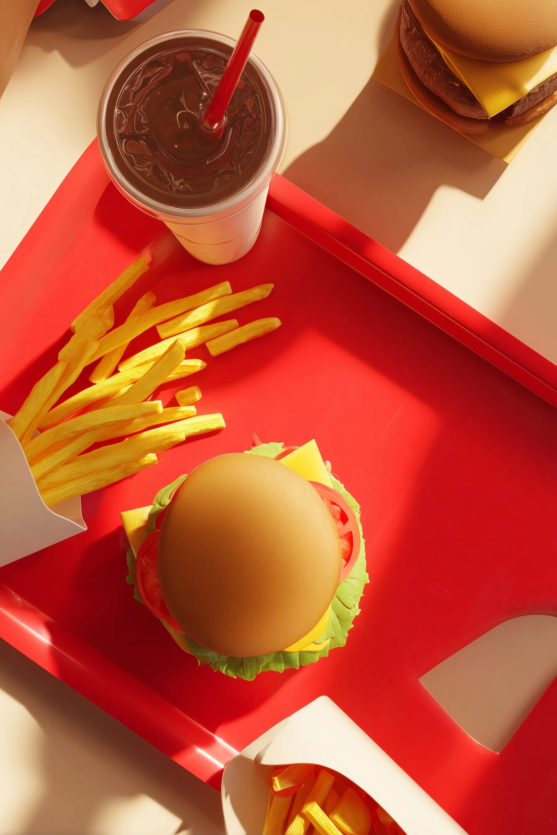 A fresh fast food combo with a juicy hamburger, crispy fries, and fizzy cola on a red tray in natural light.