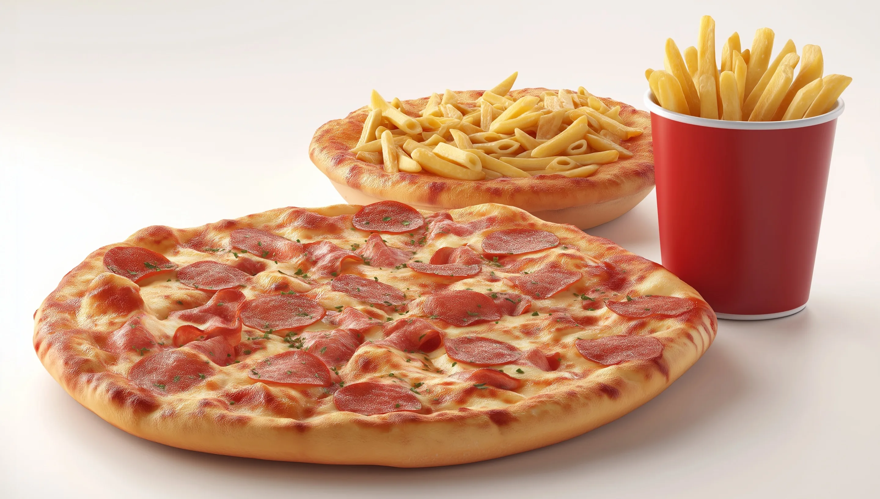 Pizza, French fries in a red cup, and pasta dish arranged on a white background for food photography.