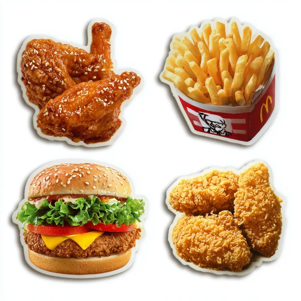 Hyper-realistic fast food stickers featuring a hamburger, chicken wings, french fries, and chicken nuggets.