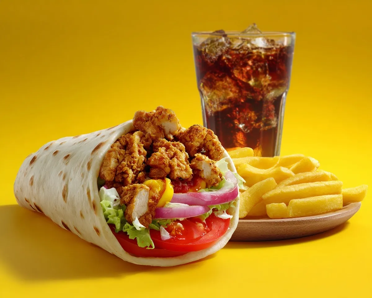 A chicken kebab wrap with fries and cola on a yellow background with decorative fast food doodles.