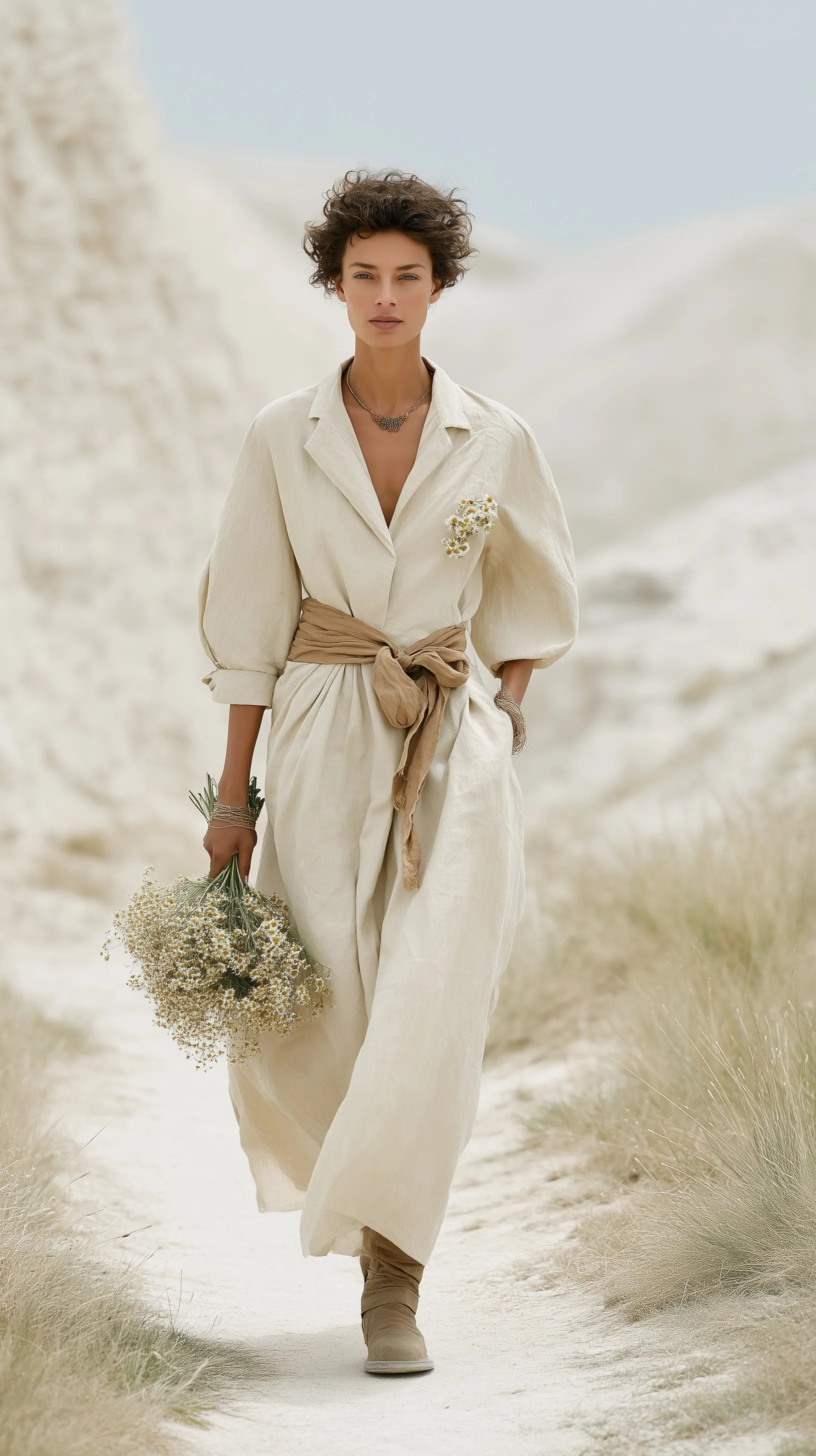 A fashion model in a pink floral linen dress posing in a desert landscape, inspired by Jacquemus runway style.