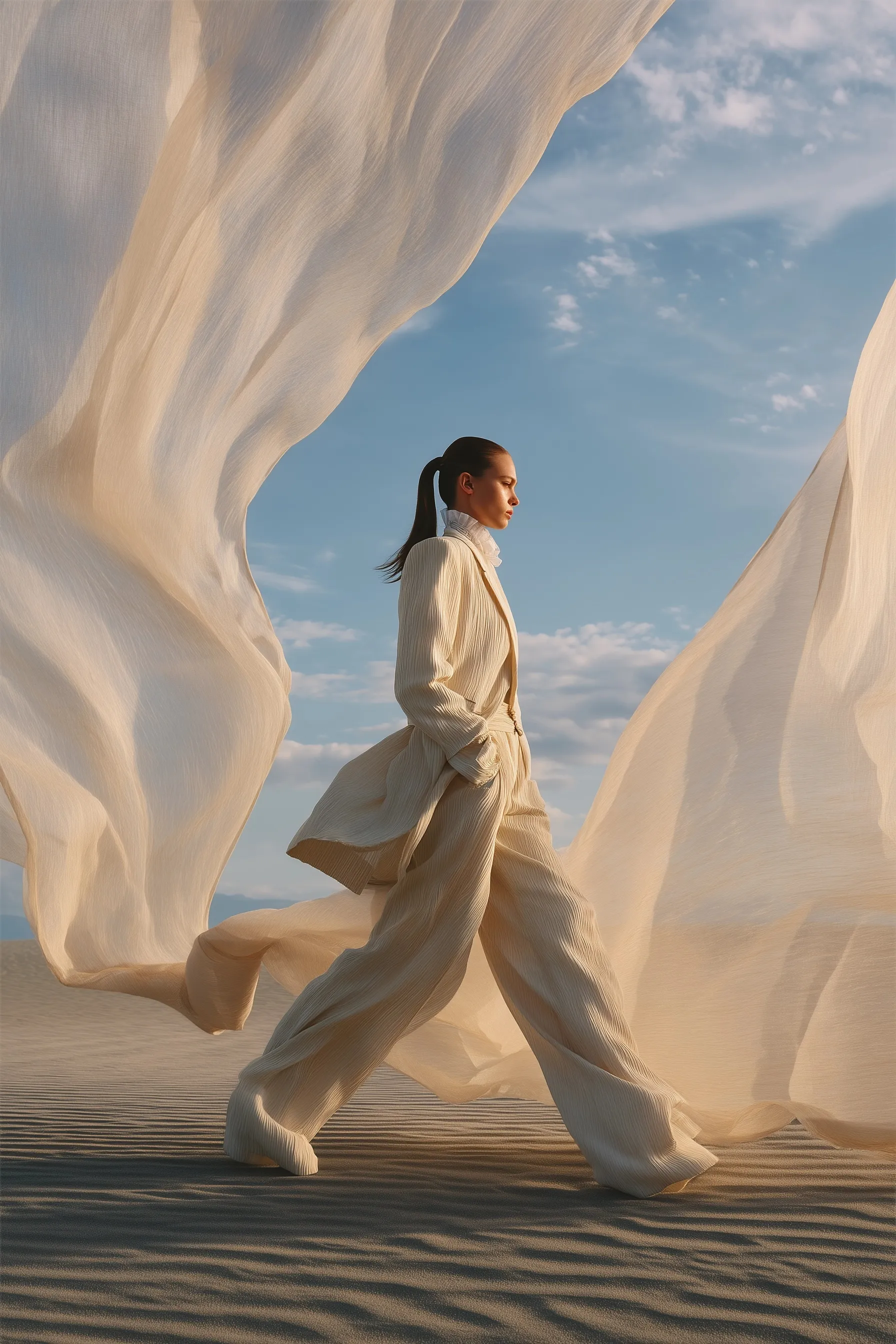 A European woman in an elegant ivory linen suit walks gracefully through a sunlit desert with flowing fabric.