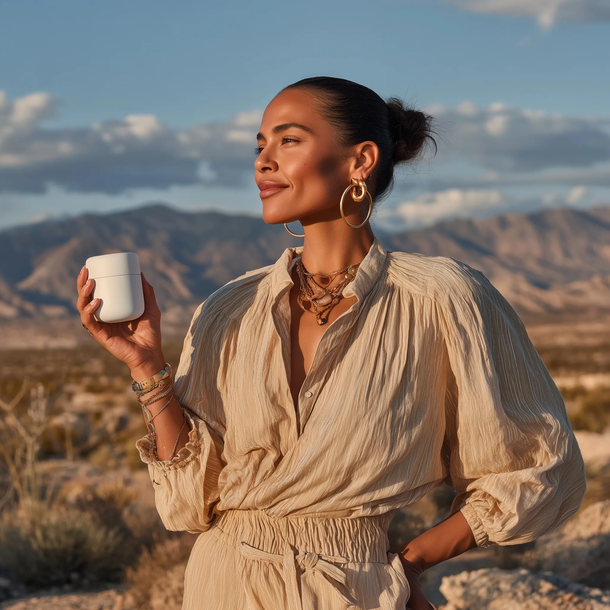 A beautiful American woman holding a white cream jar in the sunny Texas desert with a modern, luxurious aesthetic.
