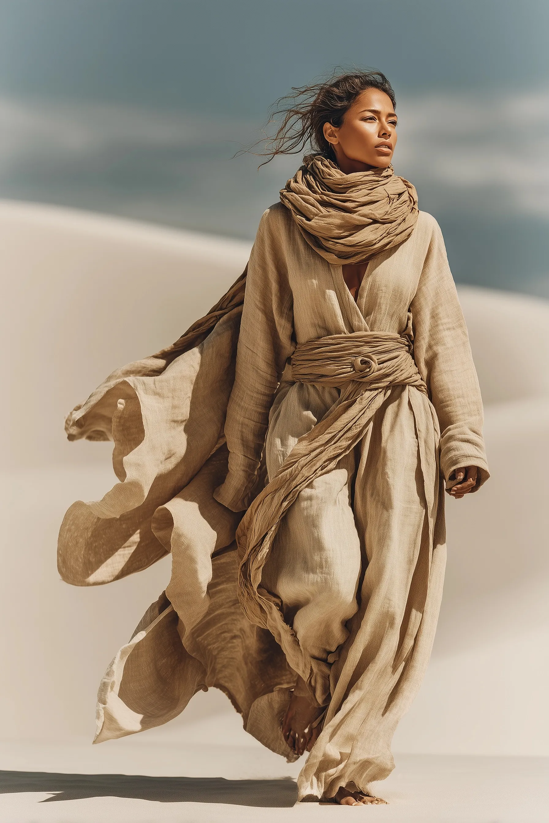A woman in a flowing linen robe and scarf walking through desert dunes under soft, cinematic sunlight.
