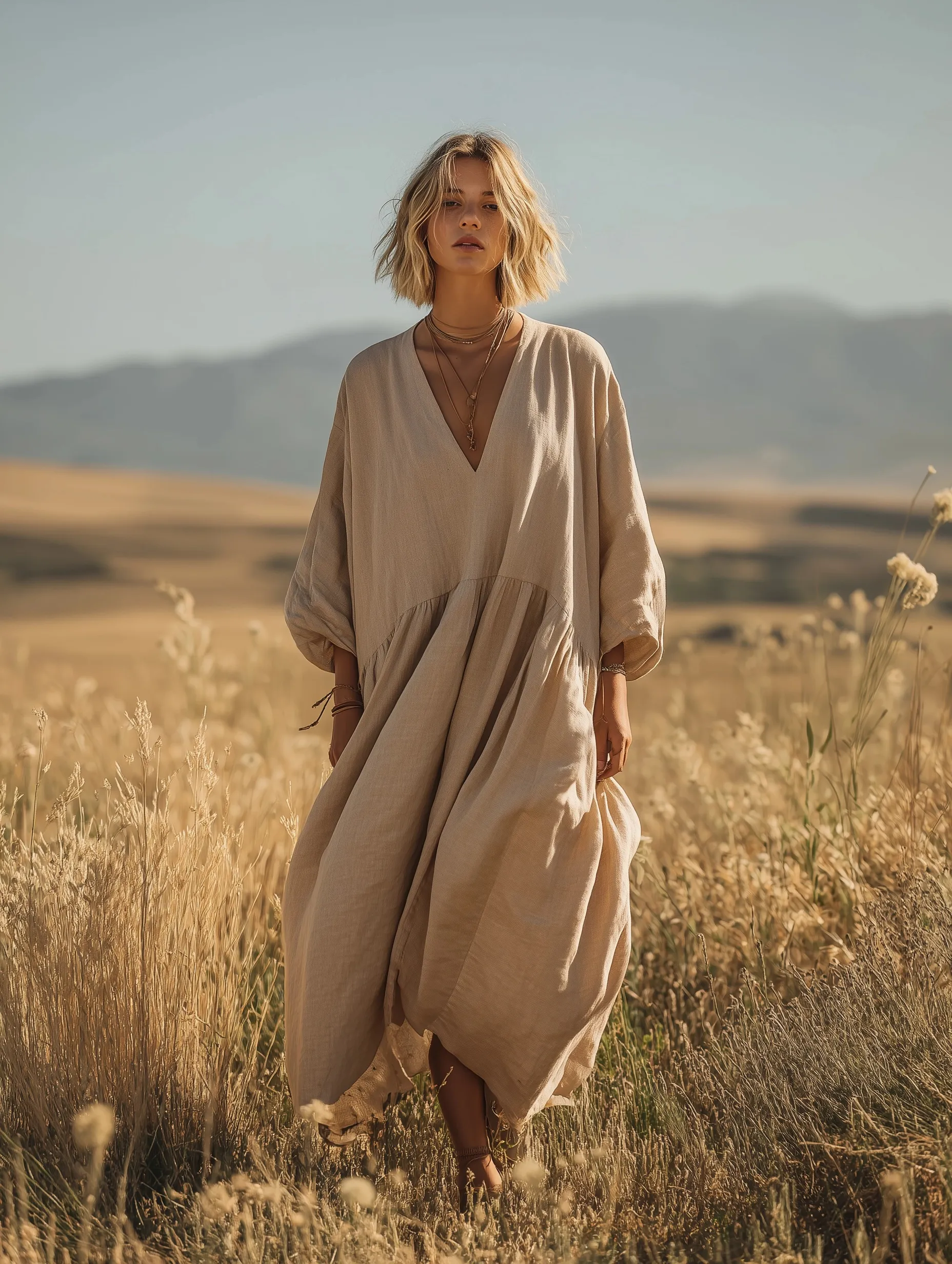 A model in a flowy, boho-style linen dress standing in a sunlit field, highlighting authentic fabric texture.