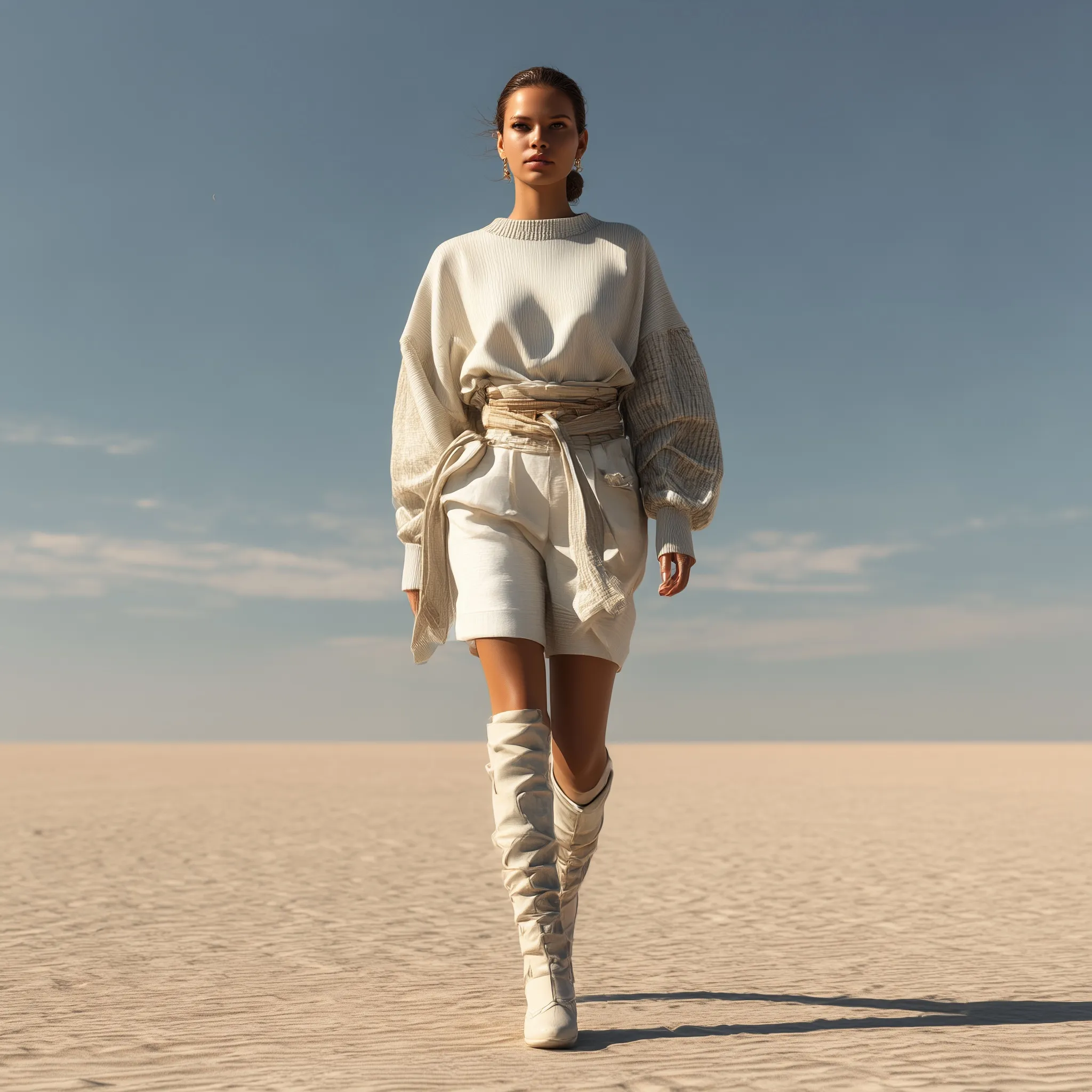 A realistic female model in white linen casual wear walking on a clean desert landscape, editorial photography.