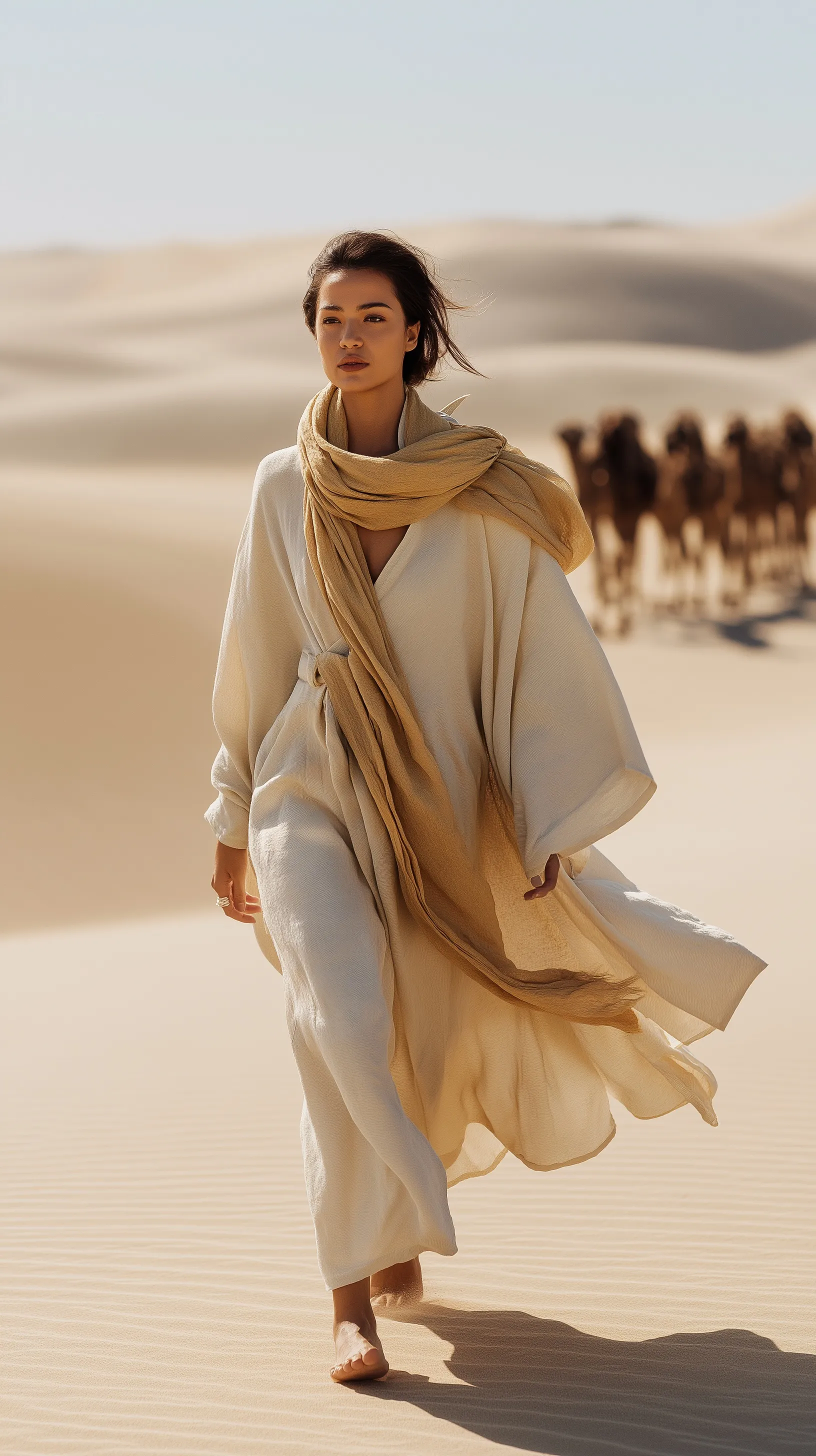 A model in a flowing linen robe walking across sunlit desert sand dunes with a distant camel caravan.