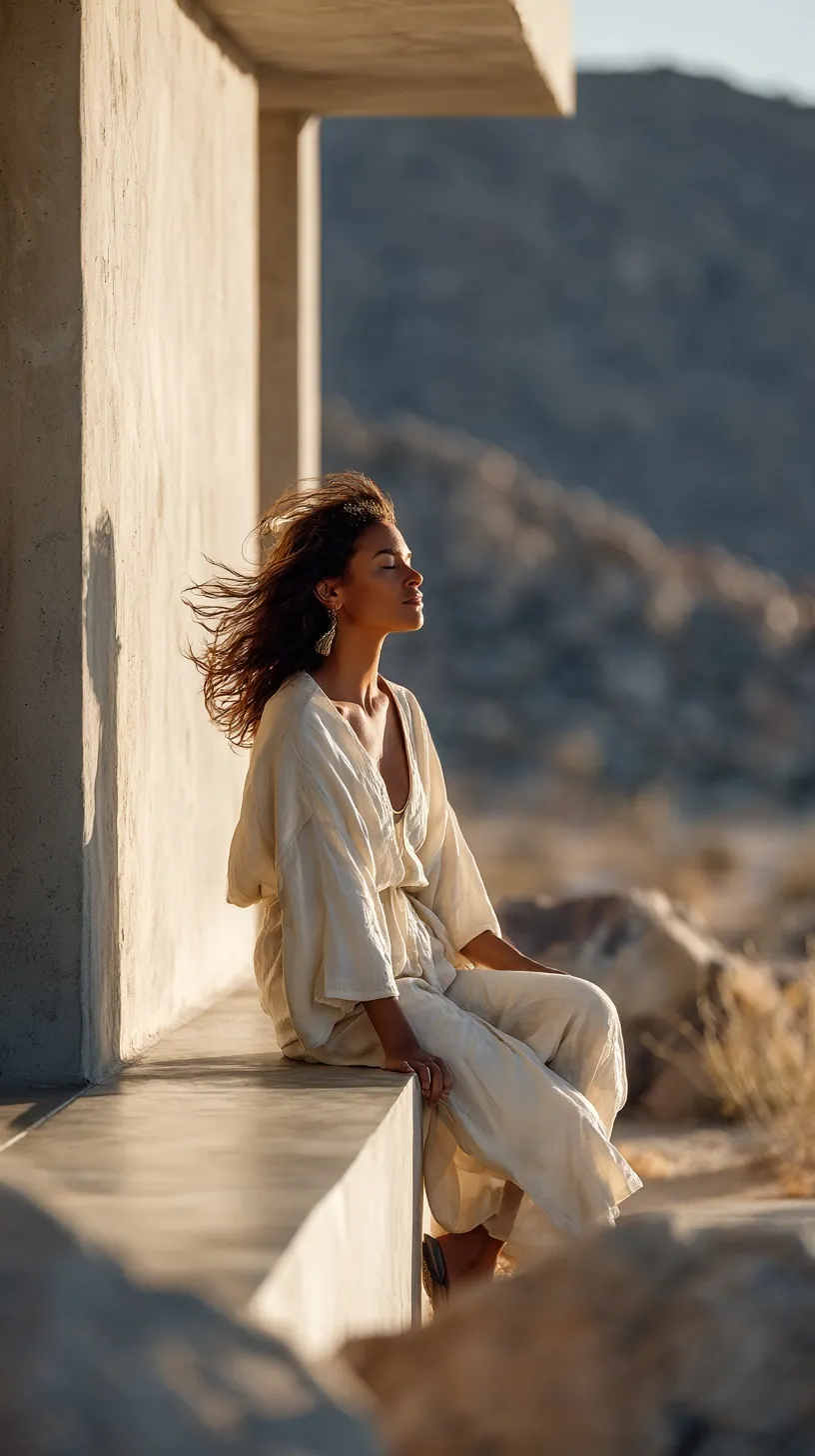 A woman in flowing white clothes sitting on a minimalist concrete desert bench, eyes closed, soft golden sunlight.