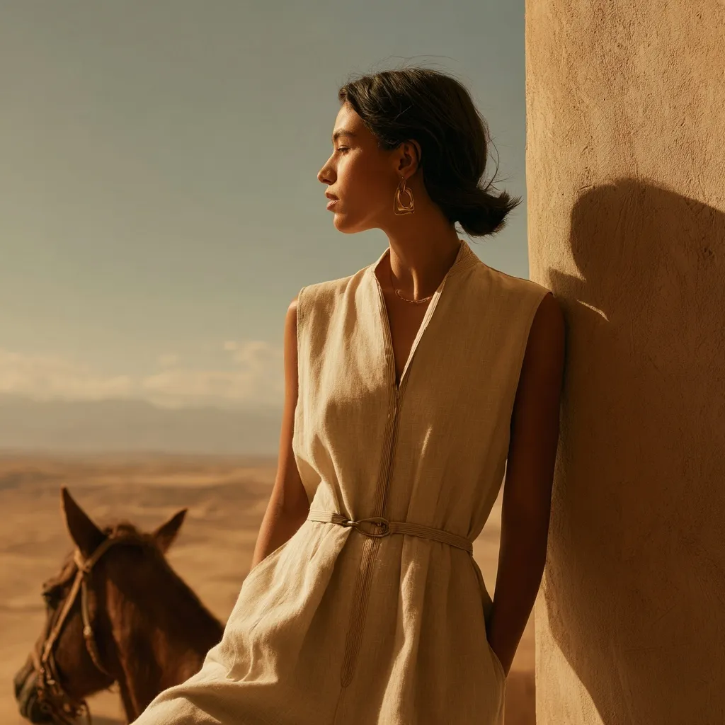 A woman in a minimalist beige linen jumpsuit posing in a desert setting with clean architectural lines.