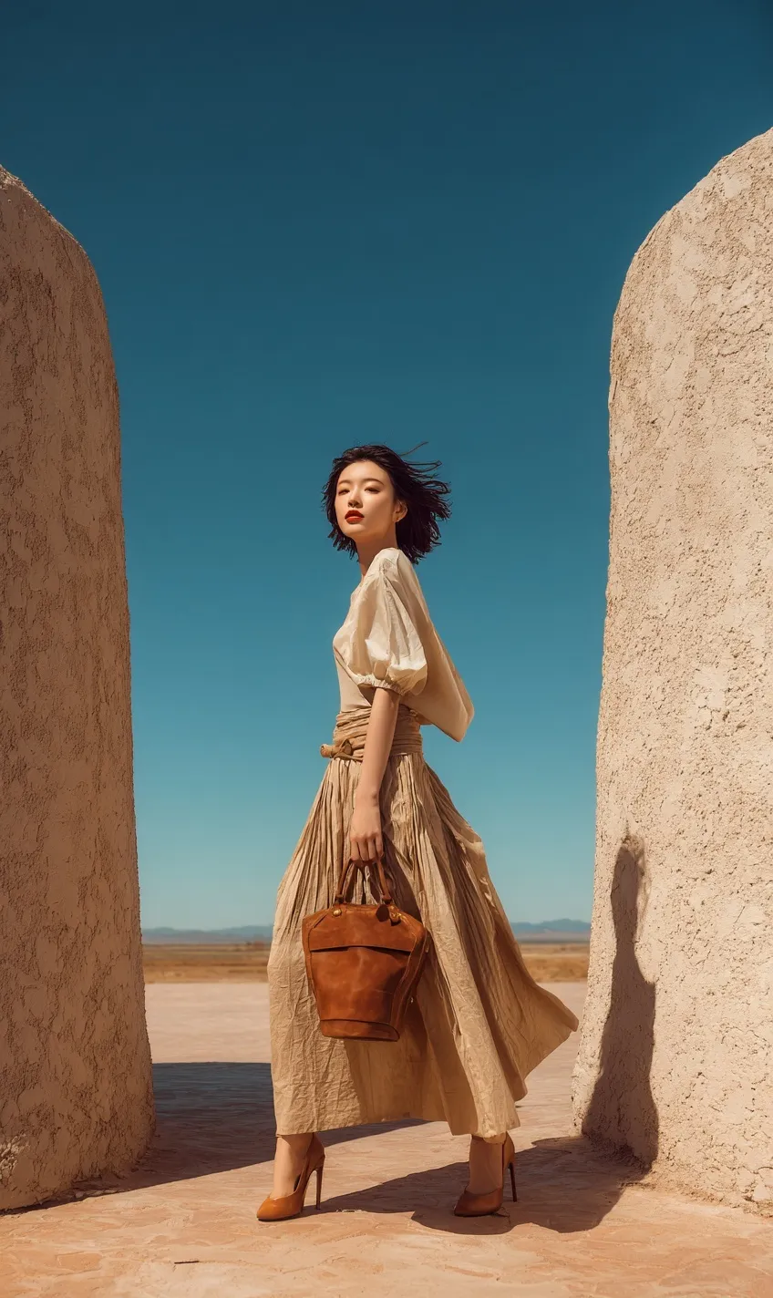 European woman in beige linen outfit and bucket bag posing in a sunny desert with blue sky and beige walls.