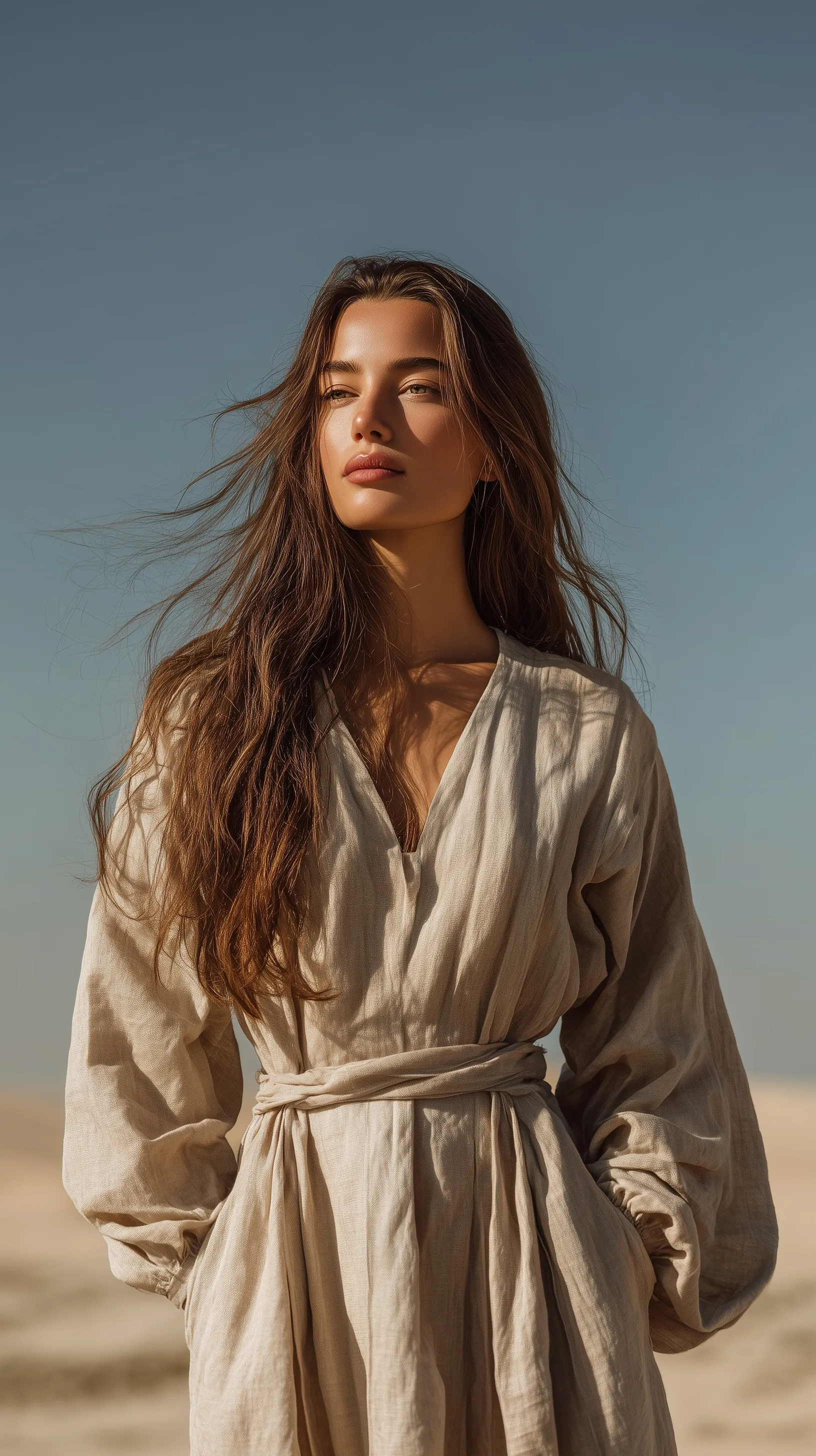 A young woman in a minimalist beige linen dress standing in a serene, wide desert landscape at sunset.