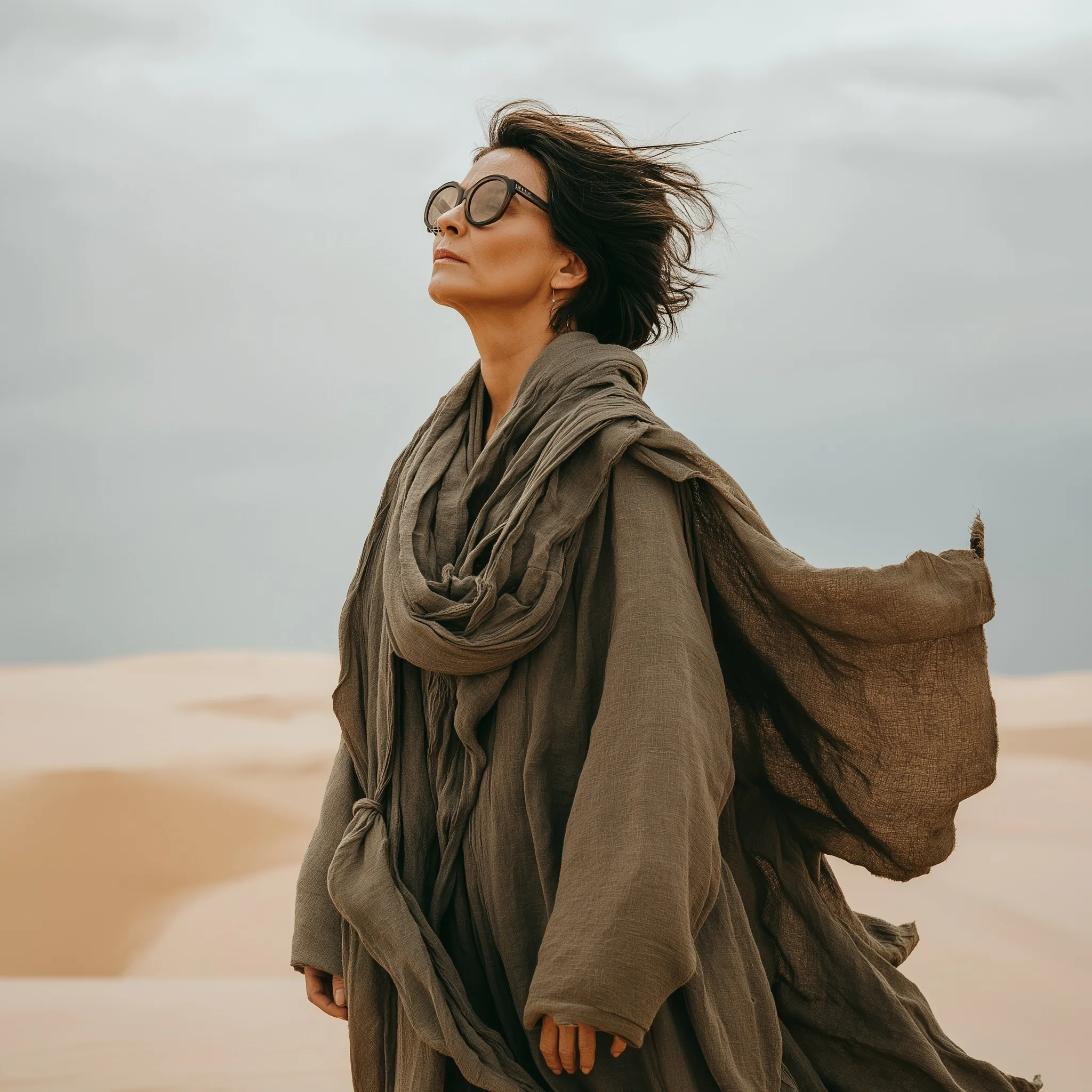A 50-year-old woman in a flowing linen robe and sunglasses standing alone in a vast, cinematic desert landscape.