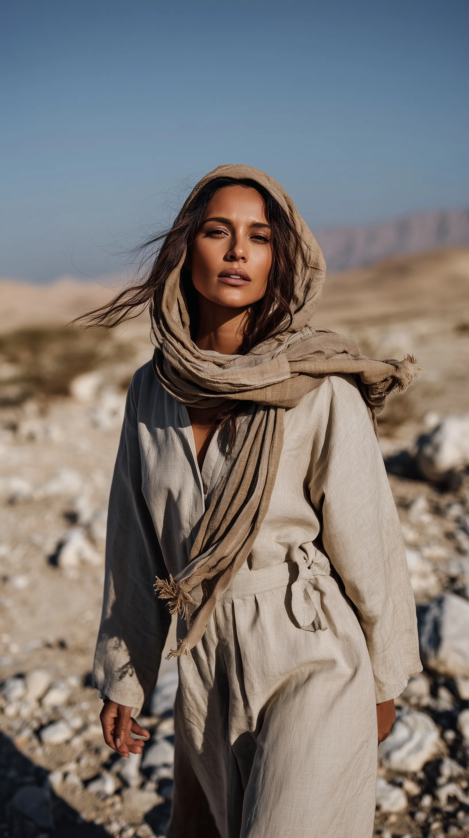 A woman in a flowing beige linen abaya and hijab standing in a serene, cinematic desert landscape.