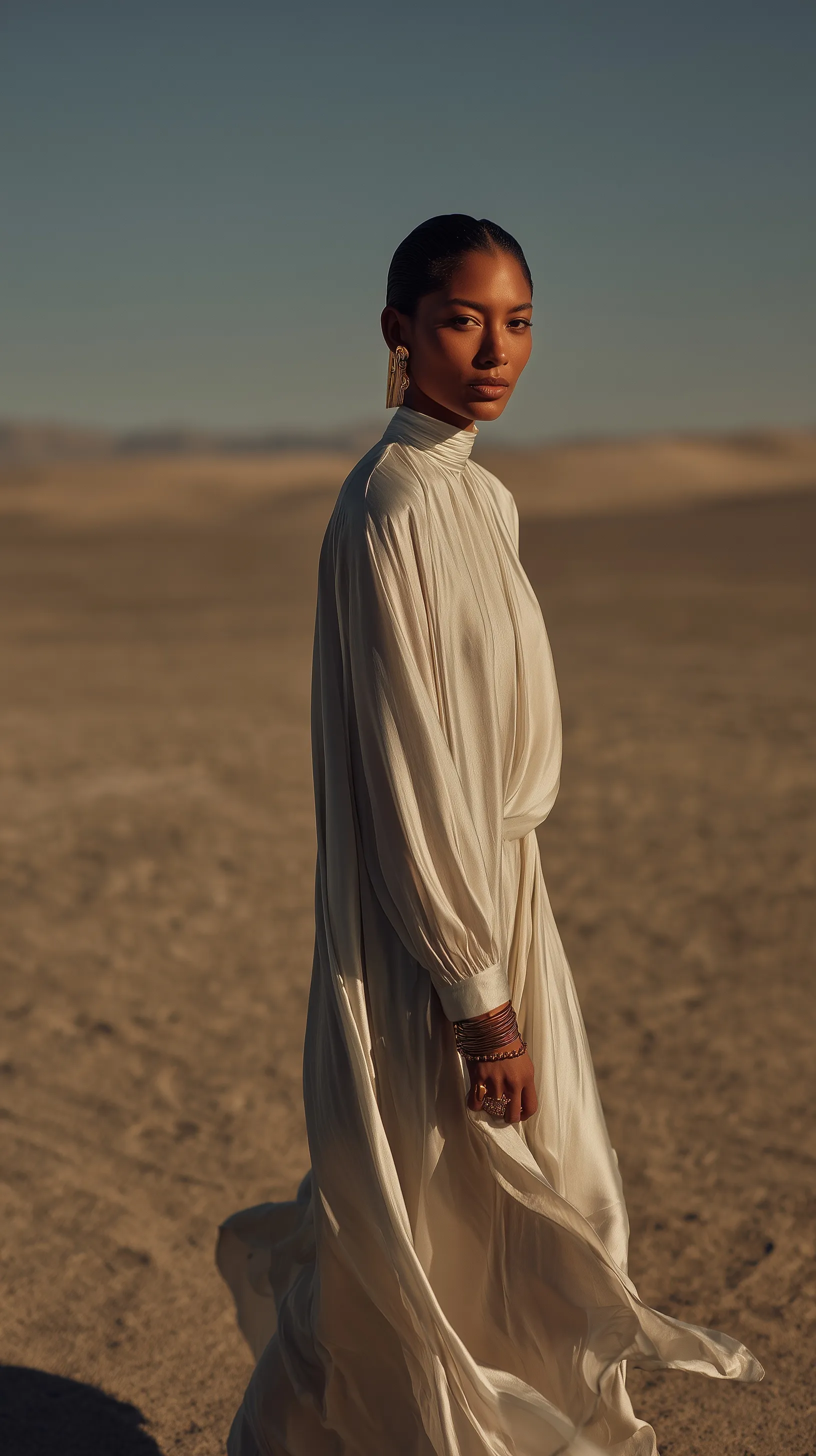 Latina woman in a flowing silk dress standing in a vast desert, cinematic fashion photography style.