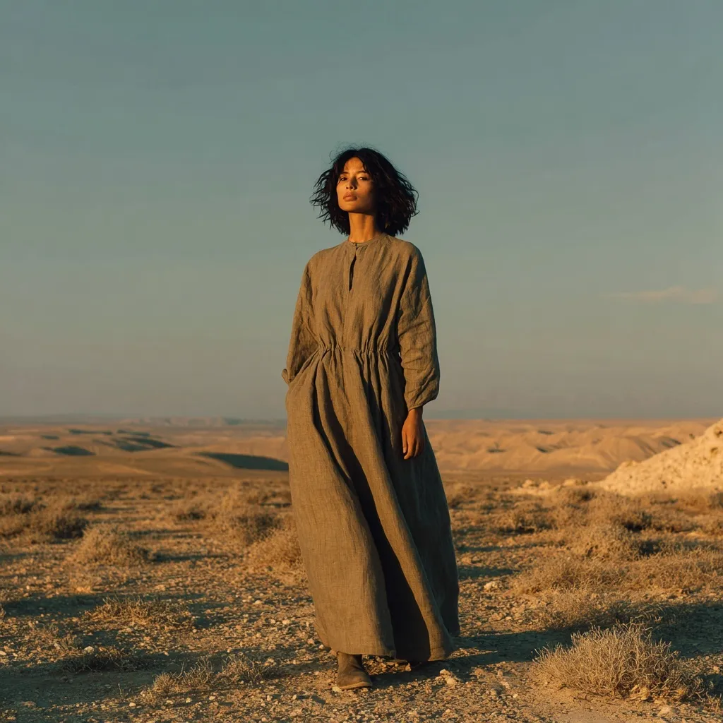 A woman in a minimalist khaki linen dress standing alone in a vast, cinematic desert landscape.