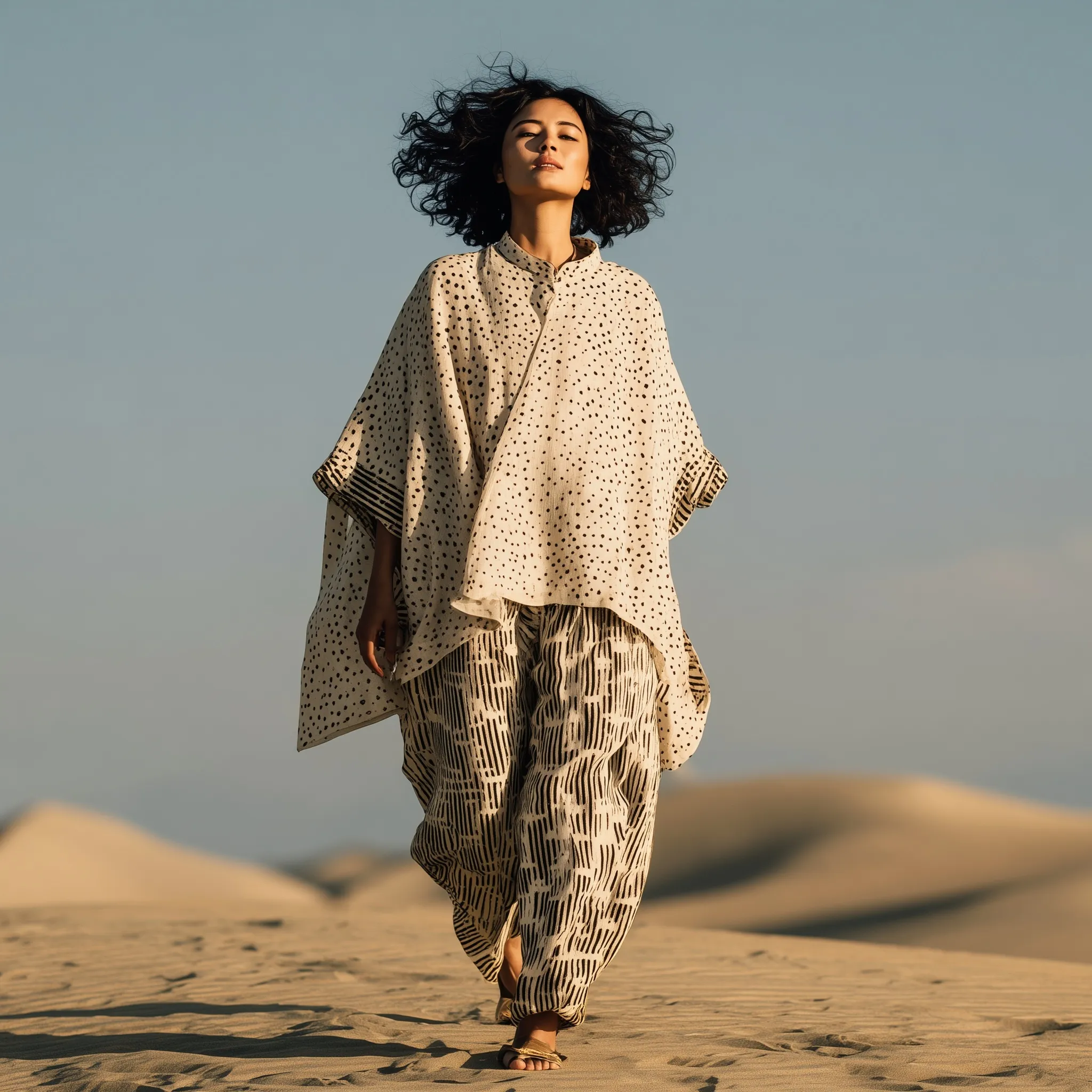 A woman wearing a beige and black block-print linen two-piece outfit posing in a cinematic desert landscape.