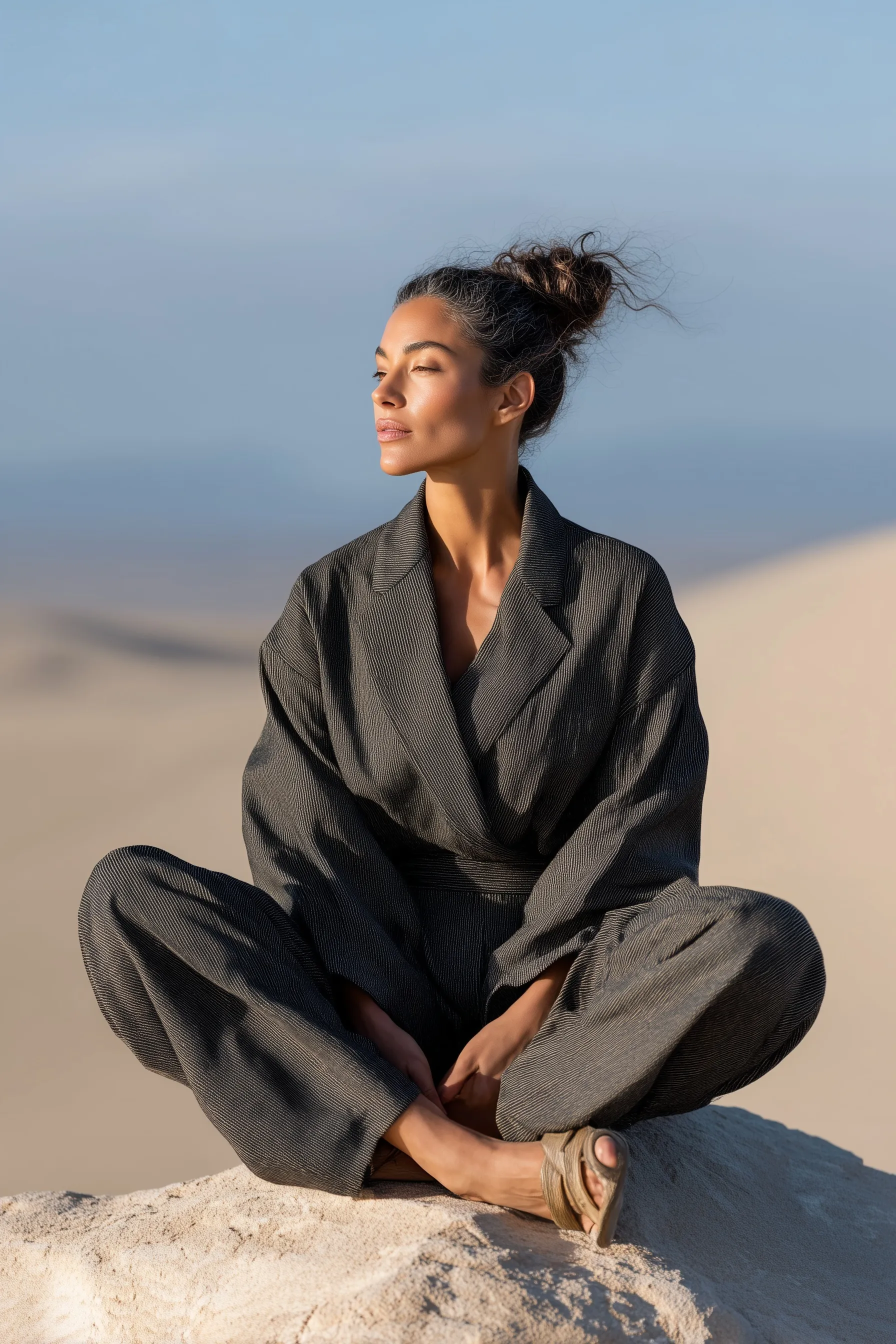 A 45-year-old woman in a linen pantsuit posing in the desert at golden hour with soft natural lighting.