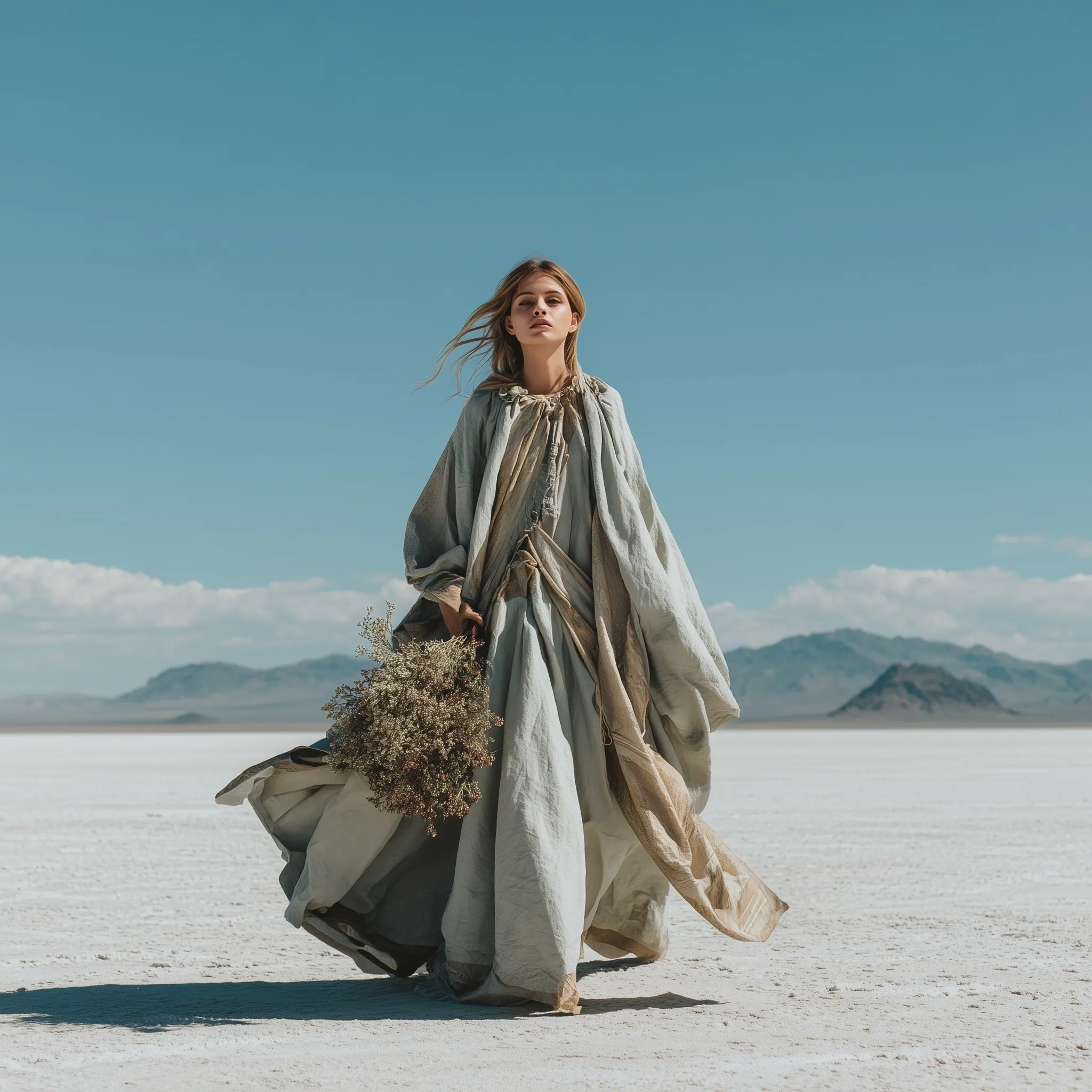 A woman in flowing linen robes stands in a salt flat, embodying a gothic Renaissance aesthetic under a blue sky.