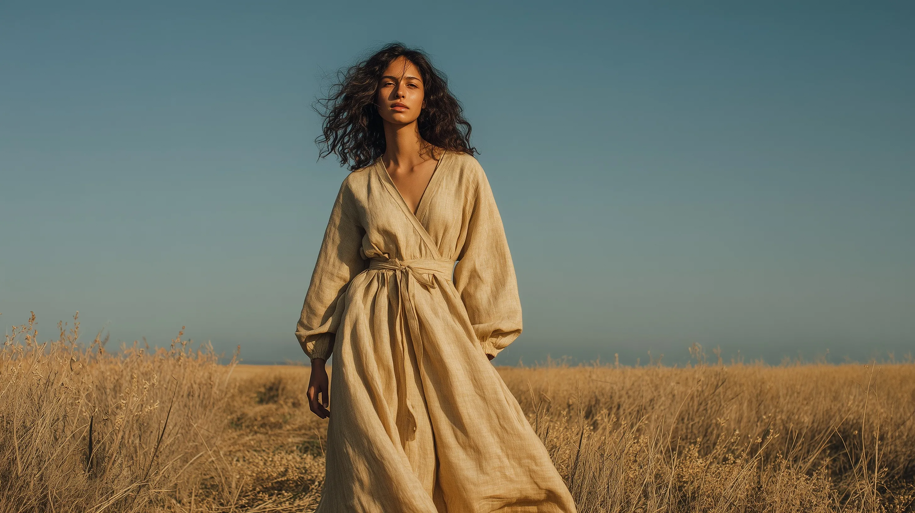 A model in a flowy, boho-style linen maxi dress standing in a sunlit field, showcasing authentic fabric texture.