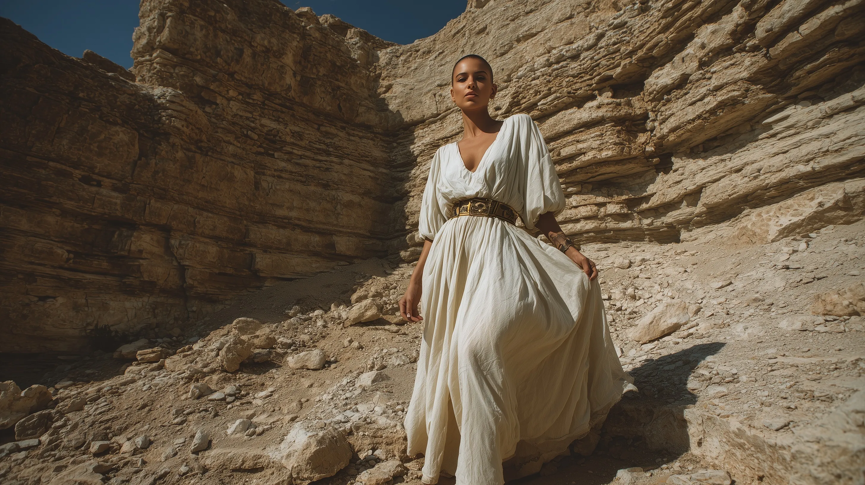 Arabian woman in a flowing ivory dress posing against layered desert sandstone cliffs for a high-fashion editorial.