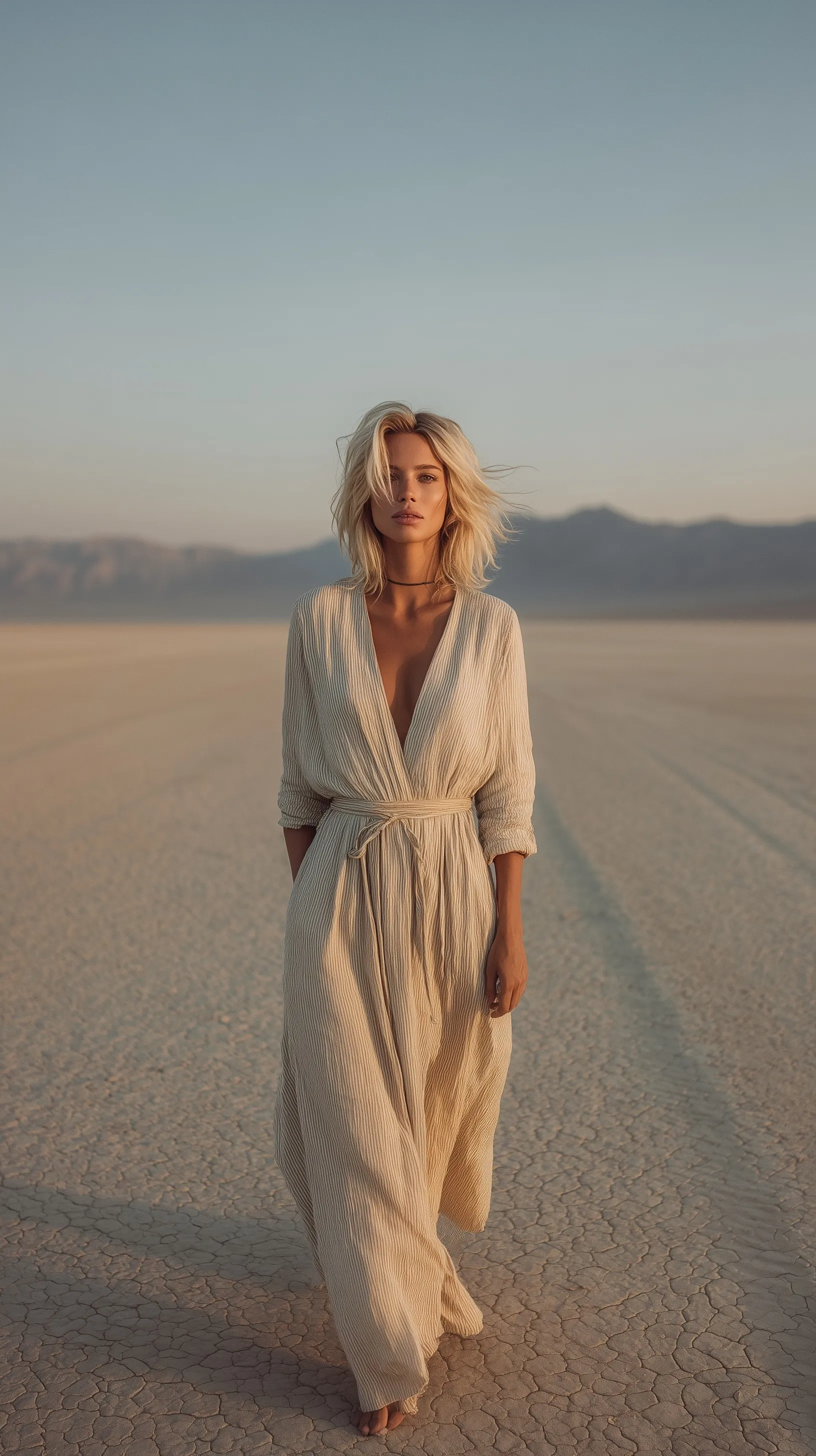 A young blonde woman in a flowing couture linen dress standing in a desert at dawn with soft golden light.