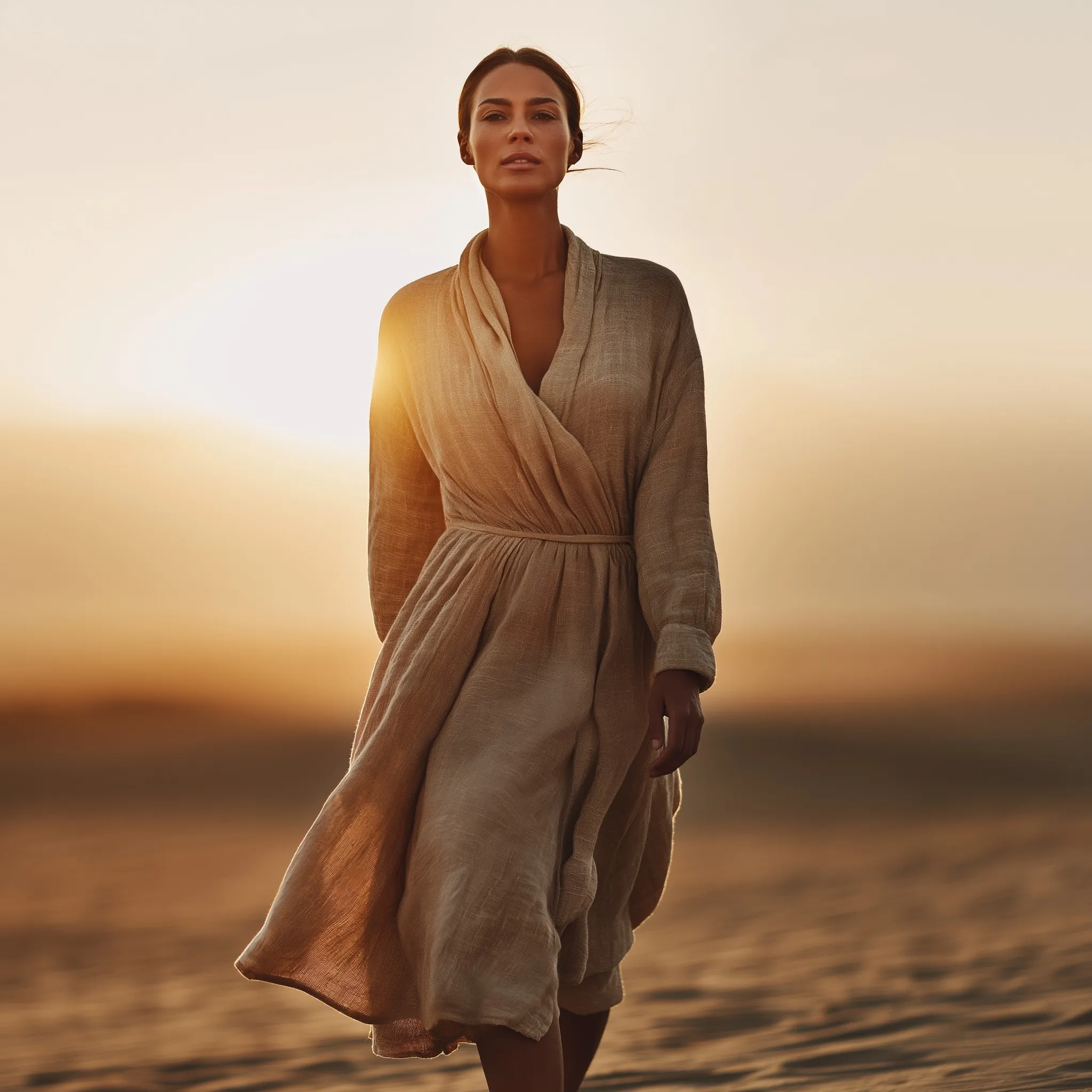 A serene woman in flowing cream linen standing on desert dunes at sunrise, captured in a cinematic, mindful style.