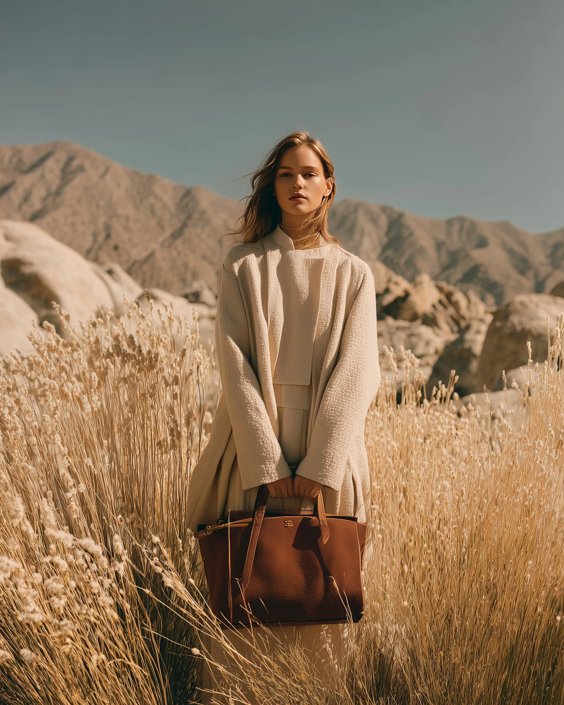 A woman in a minimalist beige linen outfit holding a brown leather handbag in a desert landscape.