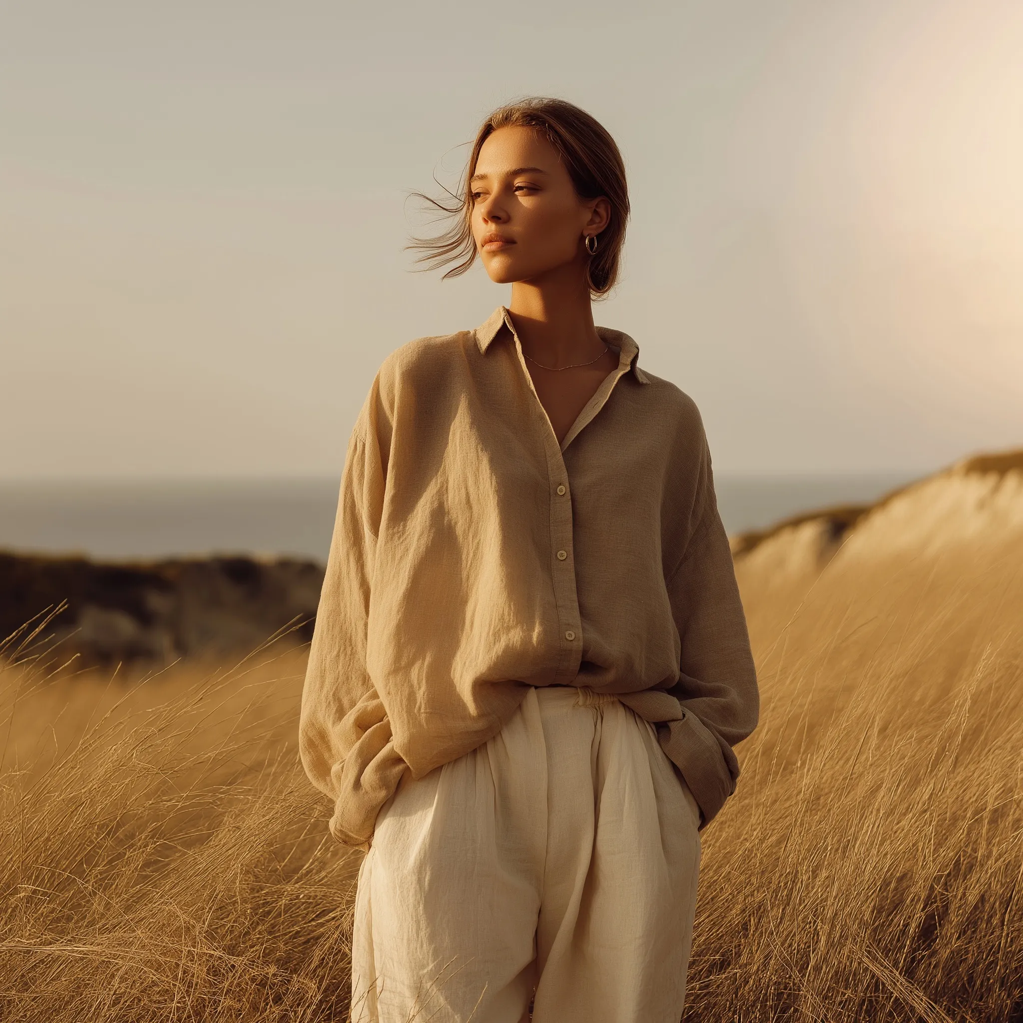 A stylish woman in flowing beige linen clothing standing in a sunlit coastal landscape with a soft breeze.