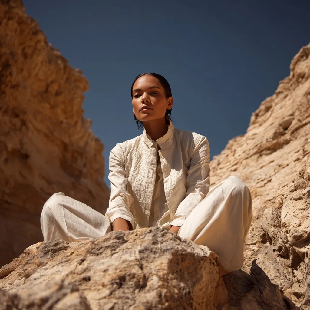 Female model in minimalist linen fashion posing in a desert canyon under natural sunlight.