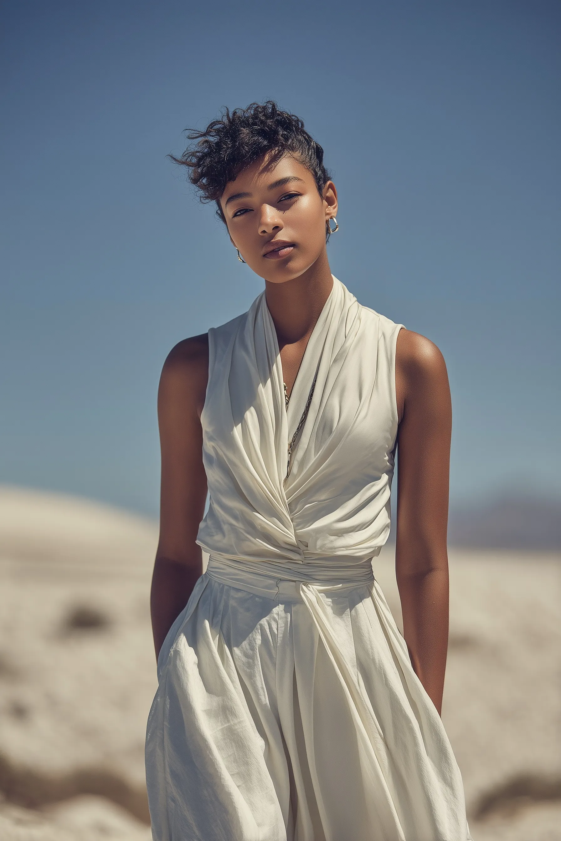 A woman wearing minimalist linen resortwear with fluid draping against a sunlit desert backdrop.