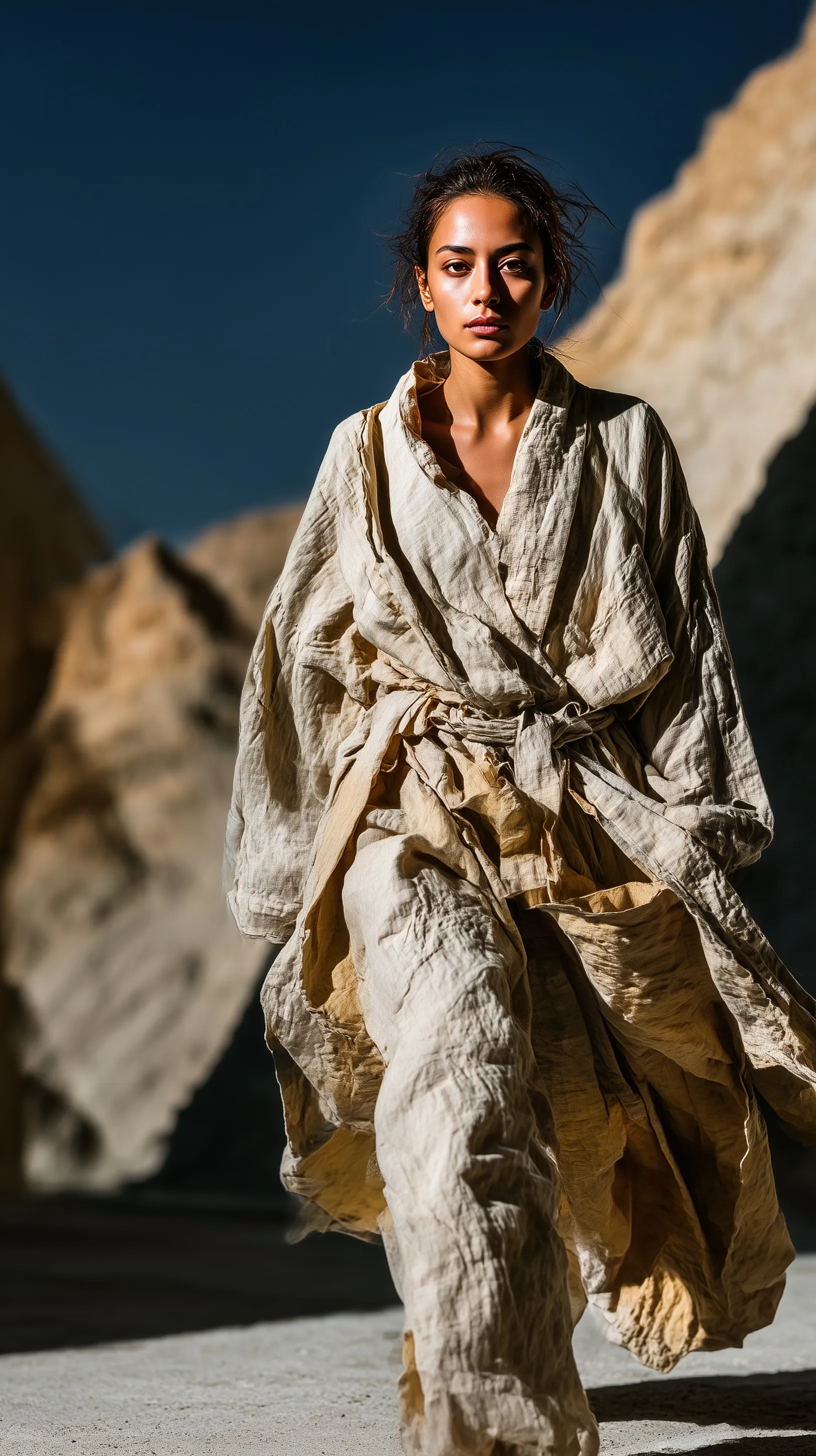 Full body shot of a woman in a textured linen nomad robe standing against desert cliffs with dramatic lighting.