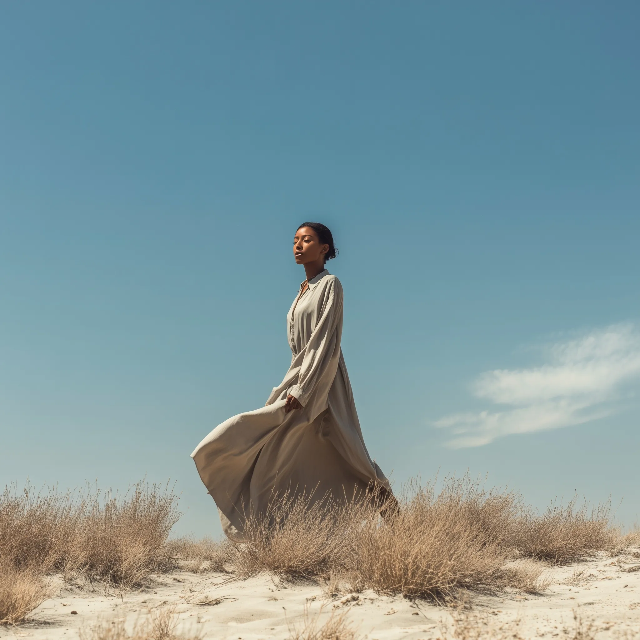 A stylish woman in a simple long linen dress posing during an editorial fashion photoshoot in a bright desert.
