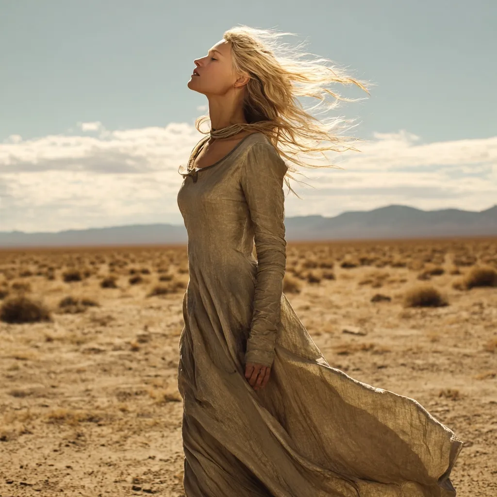Elegant woman with fair hair in a flowing linen dress posing gracefully in the desert wind with closed eyes.