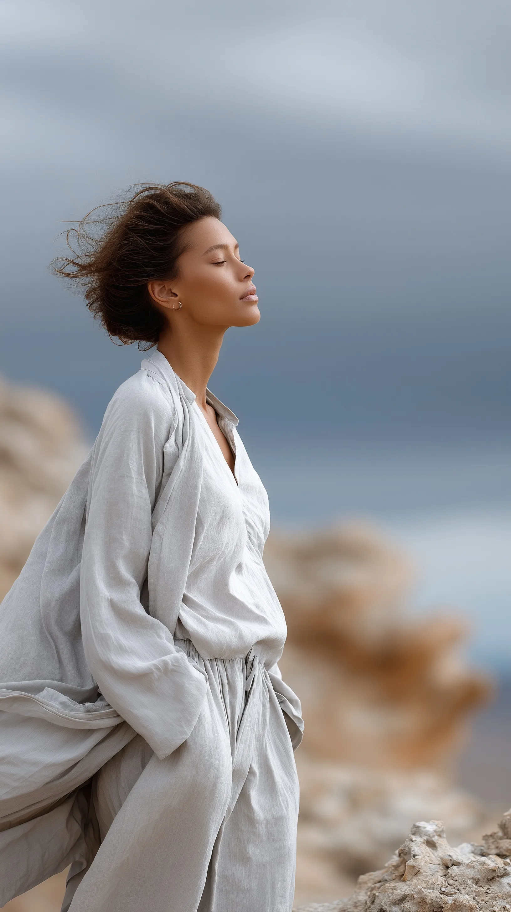 A woman in a long linen dress standing on a cliff edge against a cloudy desert sky, cinematic wide shot.