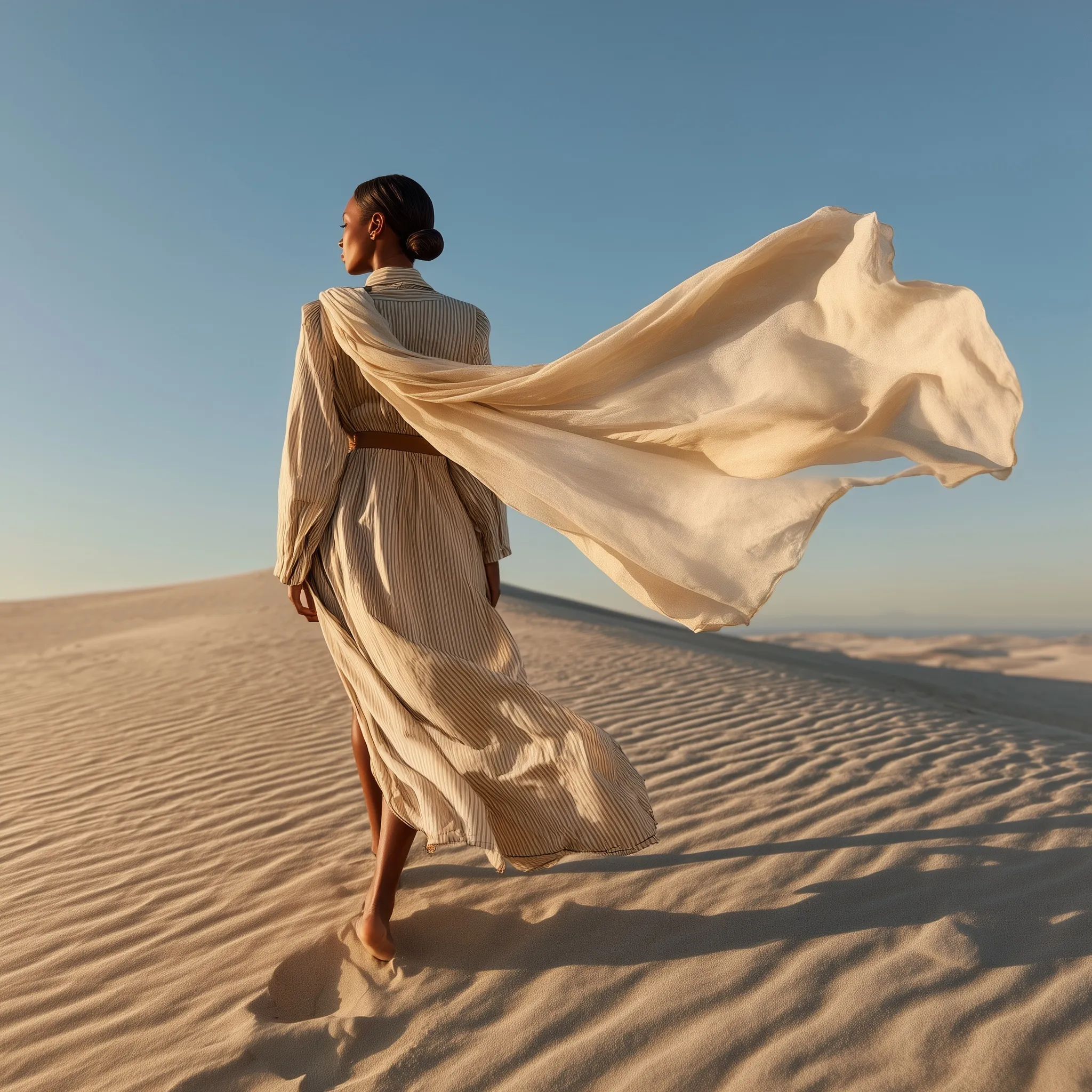 Elegant woman in a beige linen dress walking barefoot through golden desert sand dunes at sunset.
