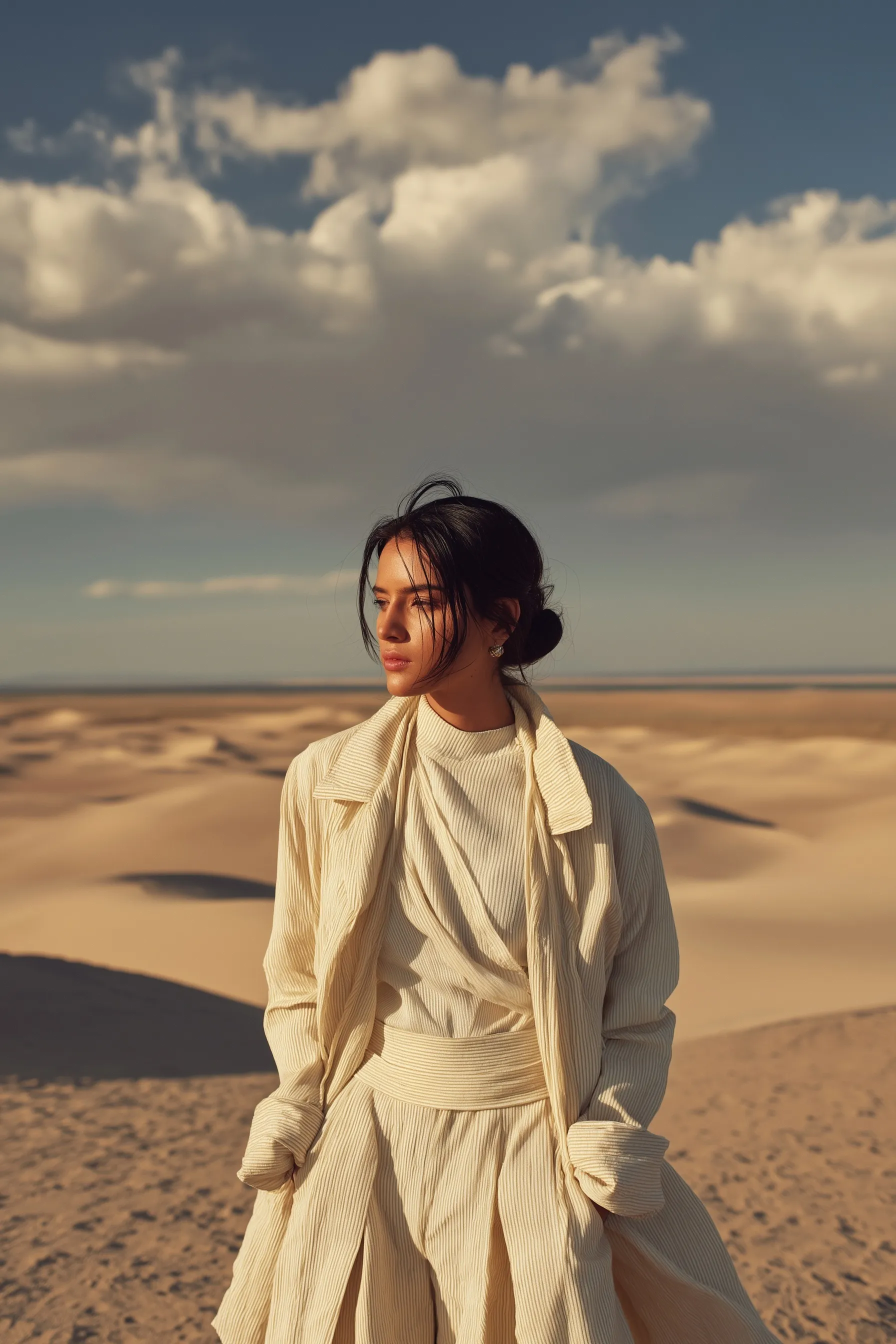 Arabian woman in oversized ivory linen posing in a serene, minimalist desert landscape.