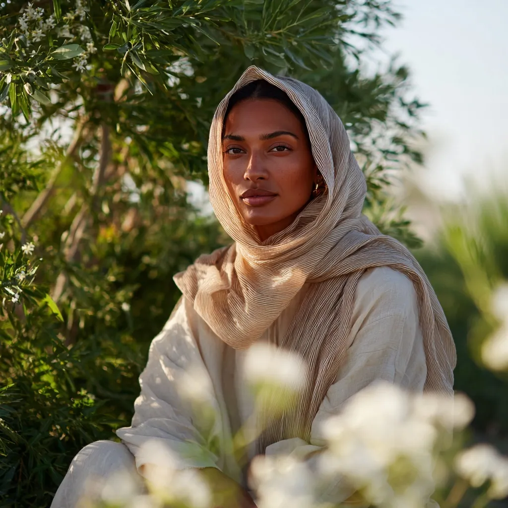 An Omani woman in loose neutral linen clothing standing in peaceful greenery with soft natural sunlight.