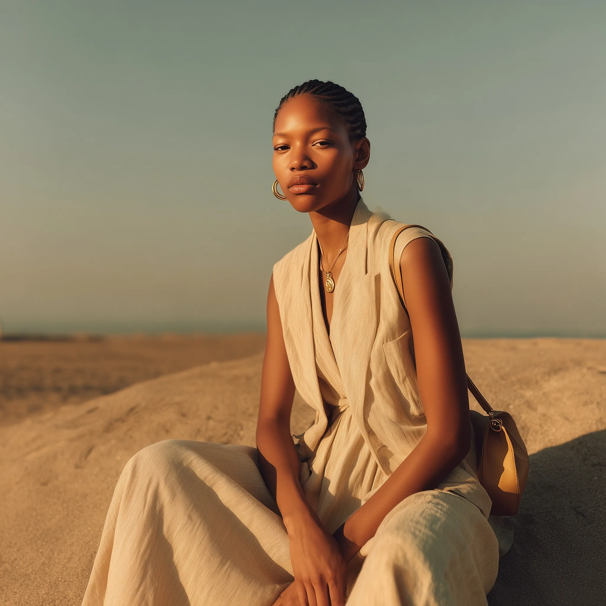 Confident African model wearing a flowing linen dress in a sun-drenched desert during golden hour.